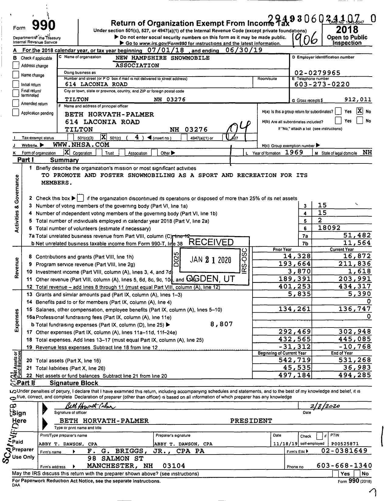 Image of first page of 2018 Form 990O for New Hampshire Snowmobile Association