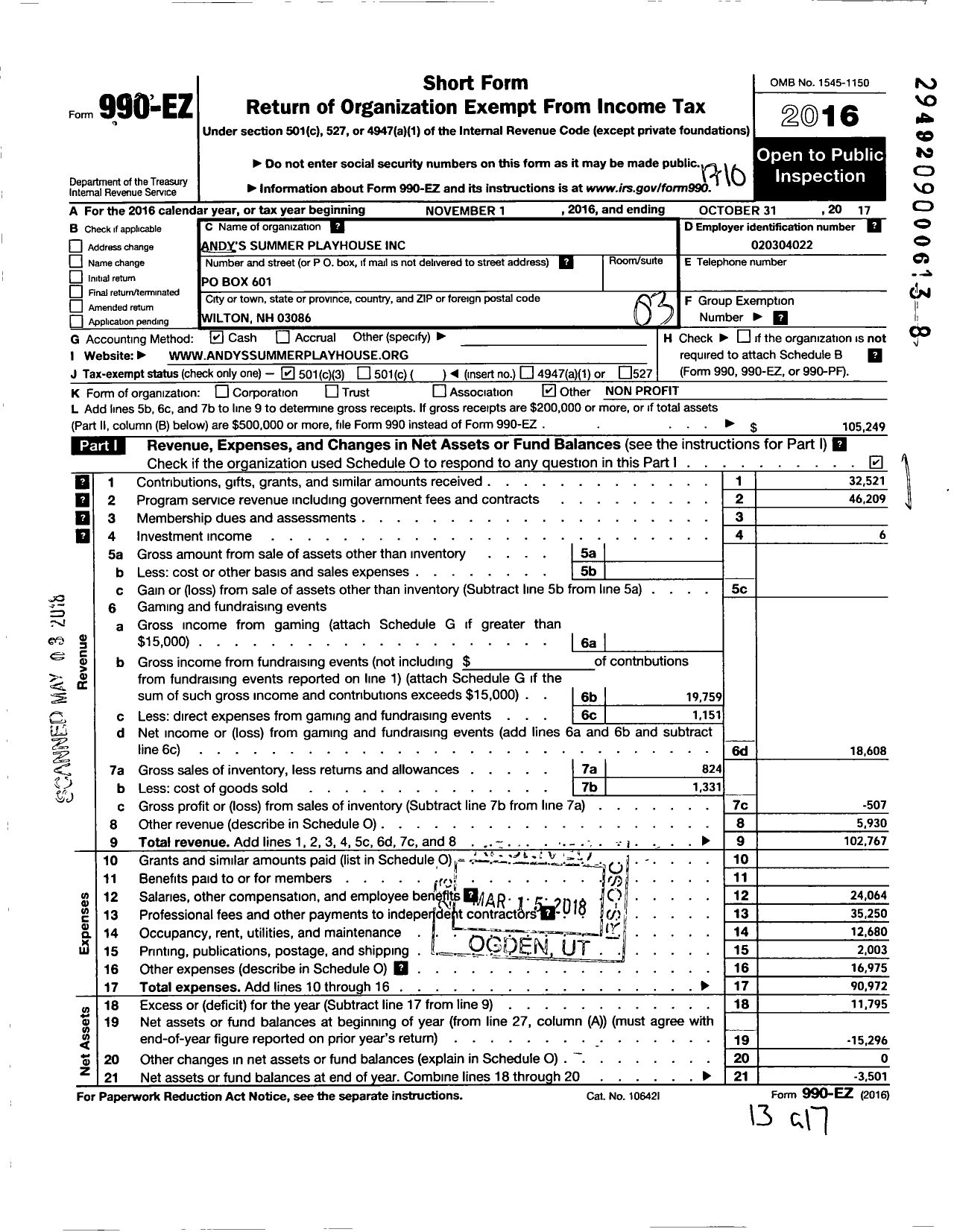 Image of first page of 2016 Form 990EZ for Andys Summer Playhouse