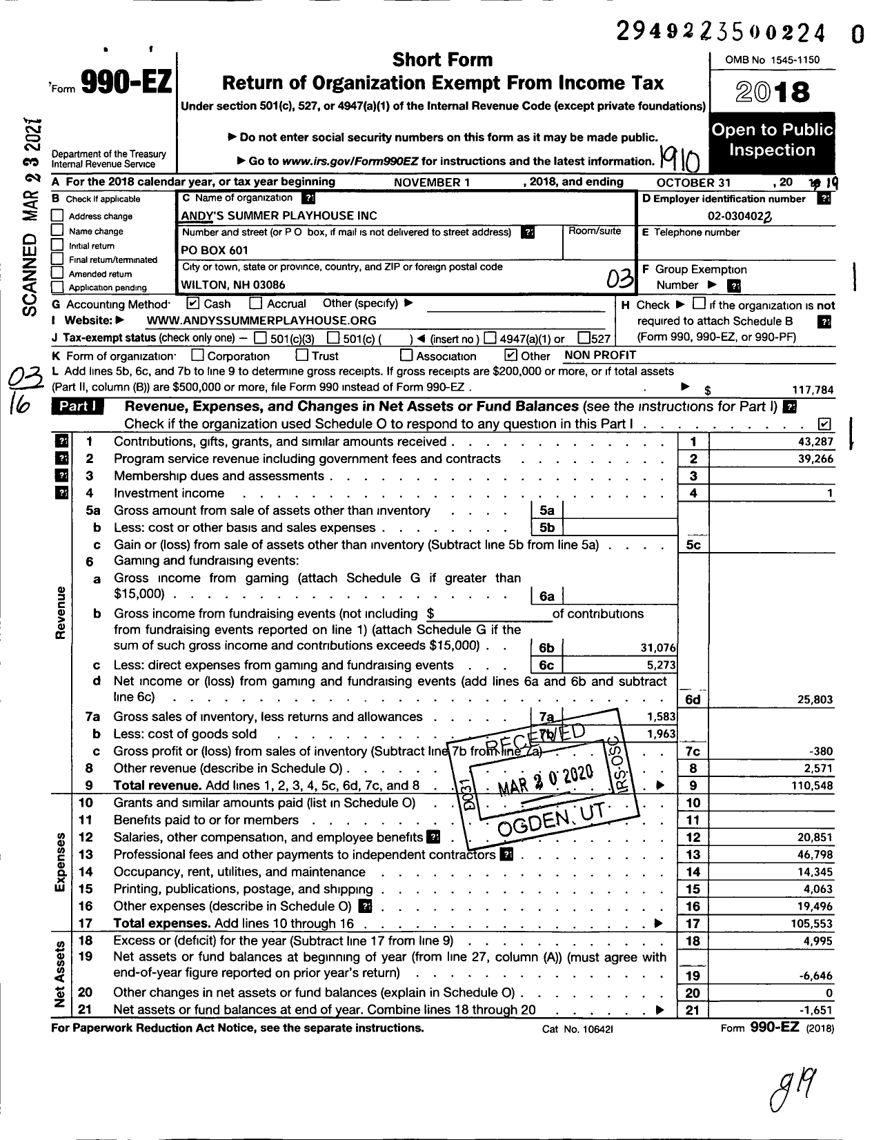 Image of first page of 2018 Form 990EZ for Andys Summer Playhouse