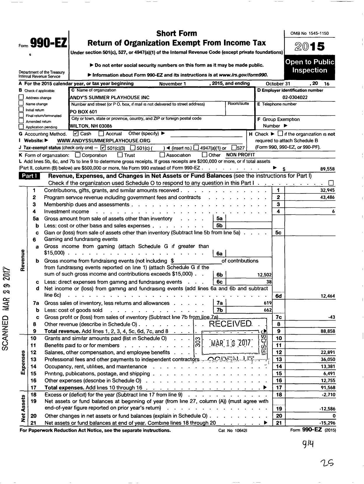 Image of first page of 2015 Form 990EZ for Andys Summer Playhouse