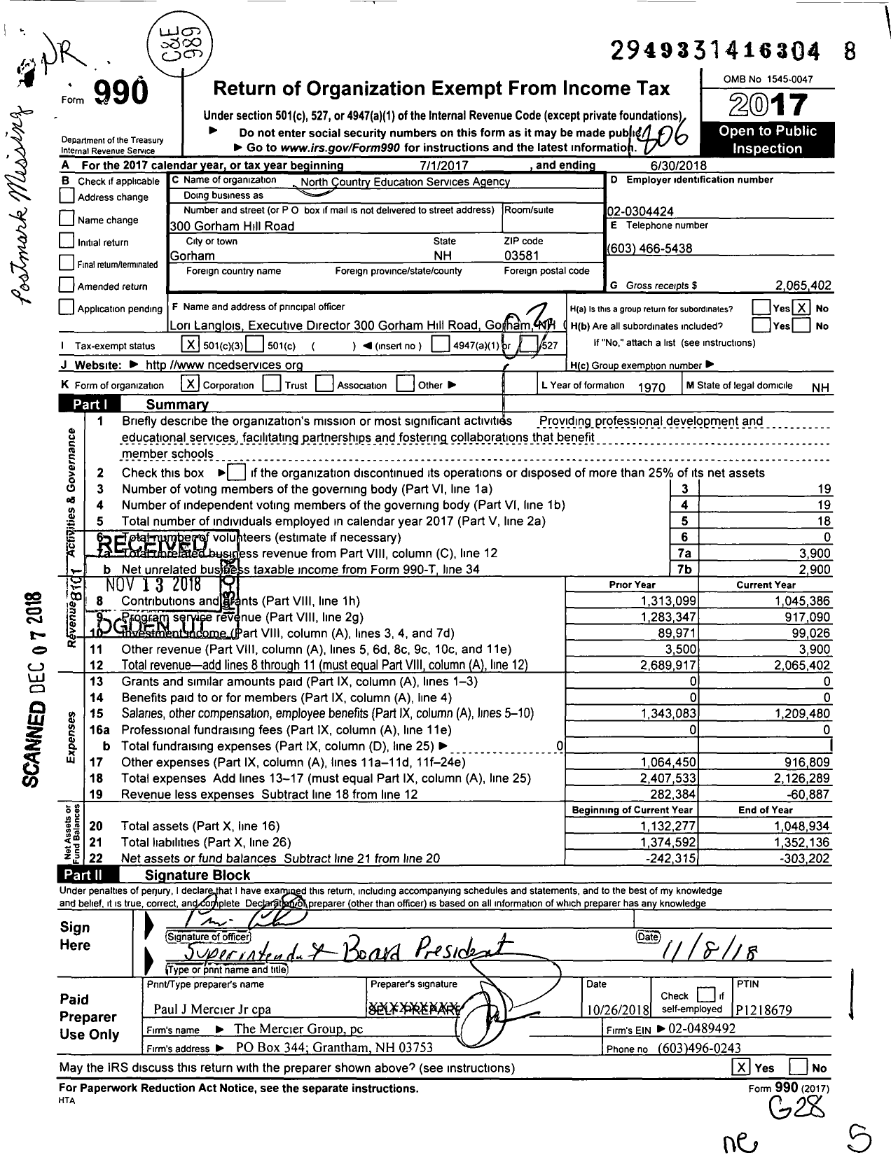 Image of first page of 2017 Form 990 for North Country Education Services Agency