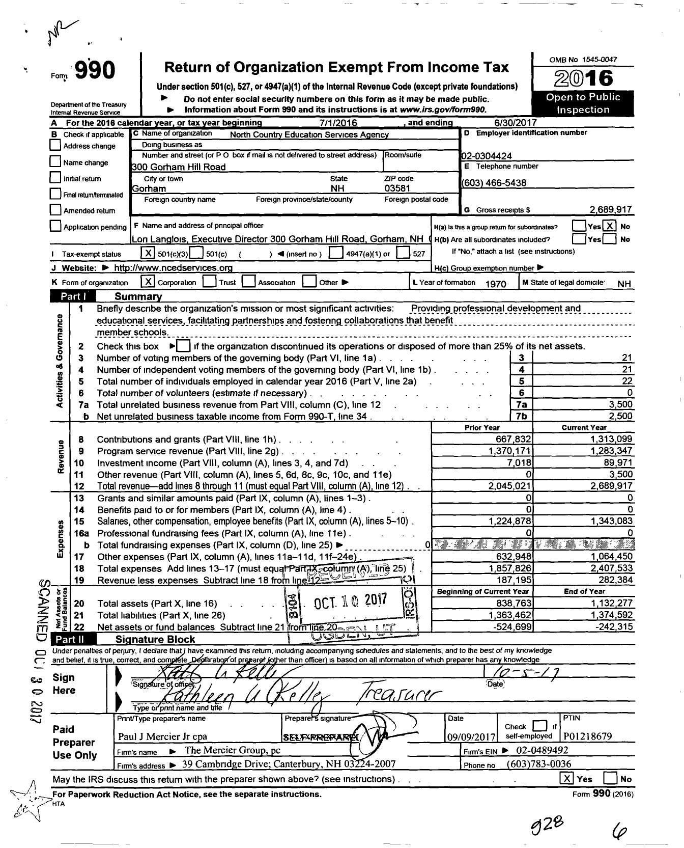 Image of first page of 2016 Form 990 for North Country Education Services Agency
