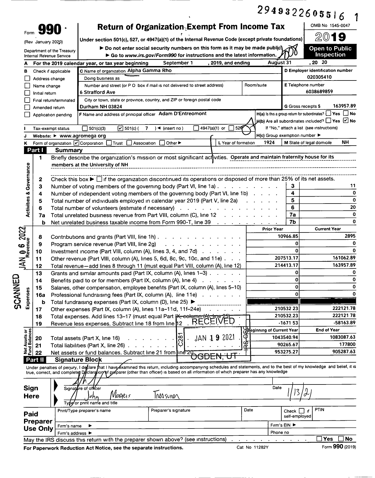 Image of first page of 2019 Form 990O for Alpha Gamma Rho Alumni Corporation