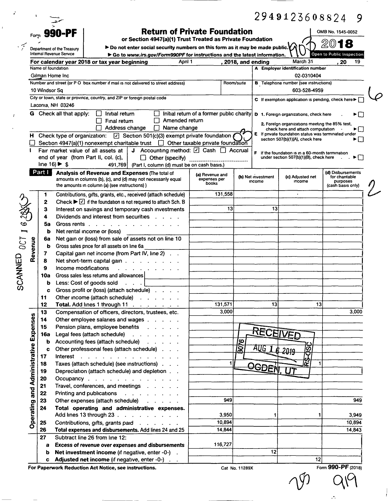 Image of first page of 2018 Form 990PF for Gilman Home 103139