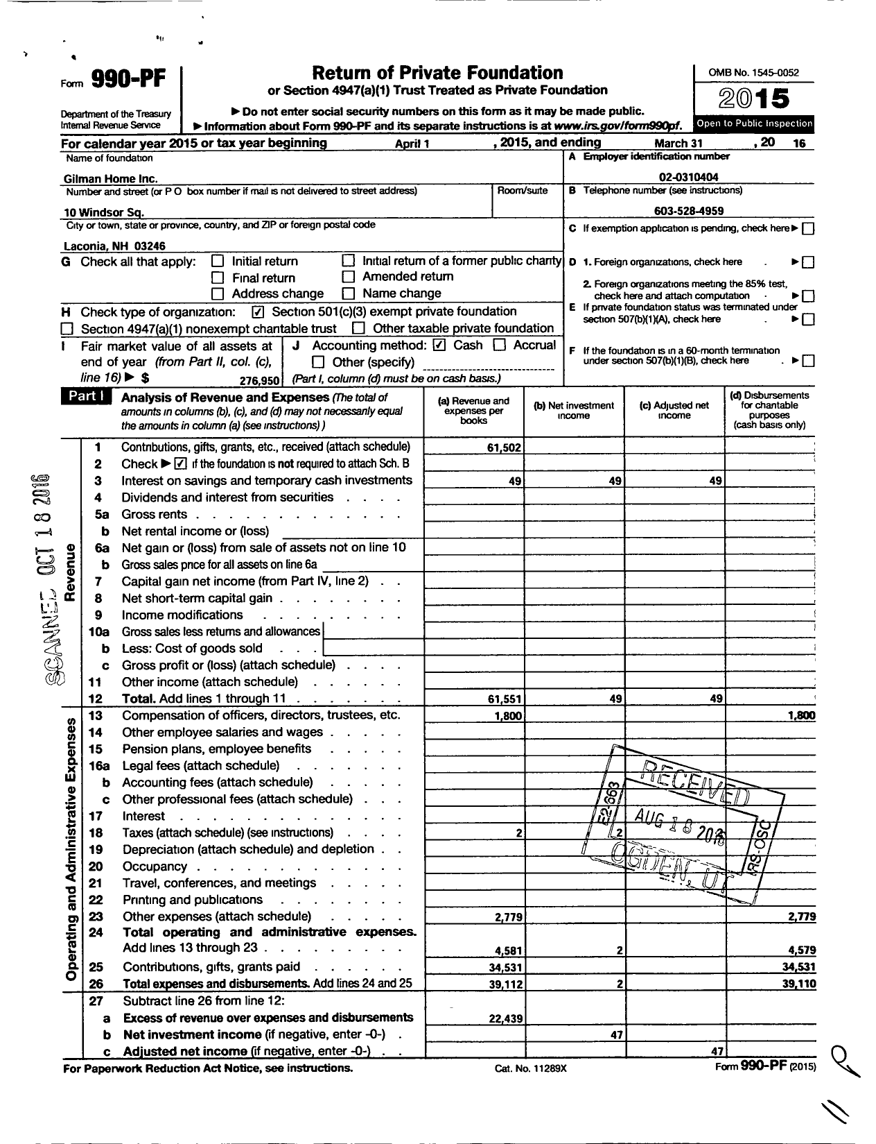 Image of first page of 2015 Form 990PF for Gilman Home 103139