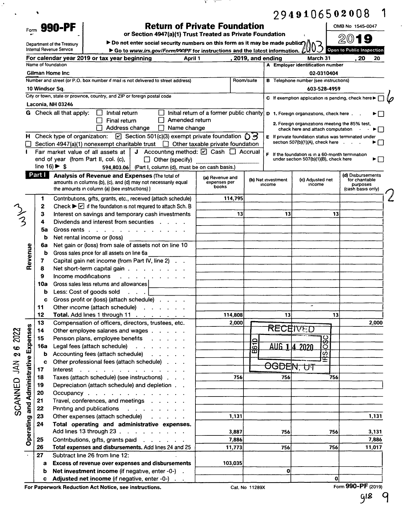 Image of first page of 2019 Form 990PF for Gilman Home 103139