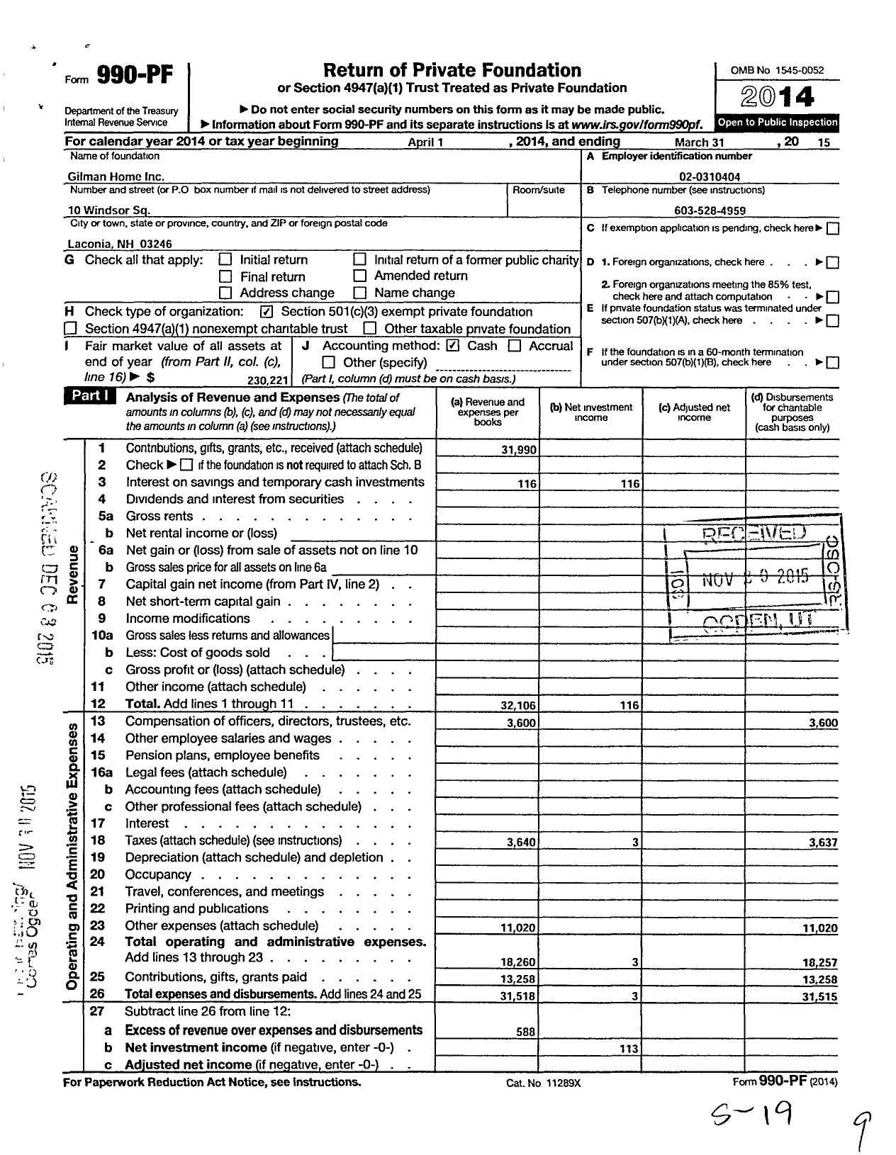 Image of first page of 2014 Form 990PF for Gilman Home 103139