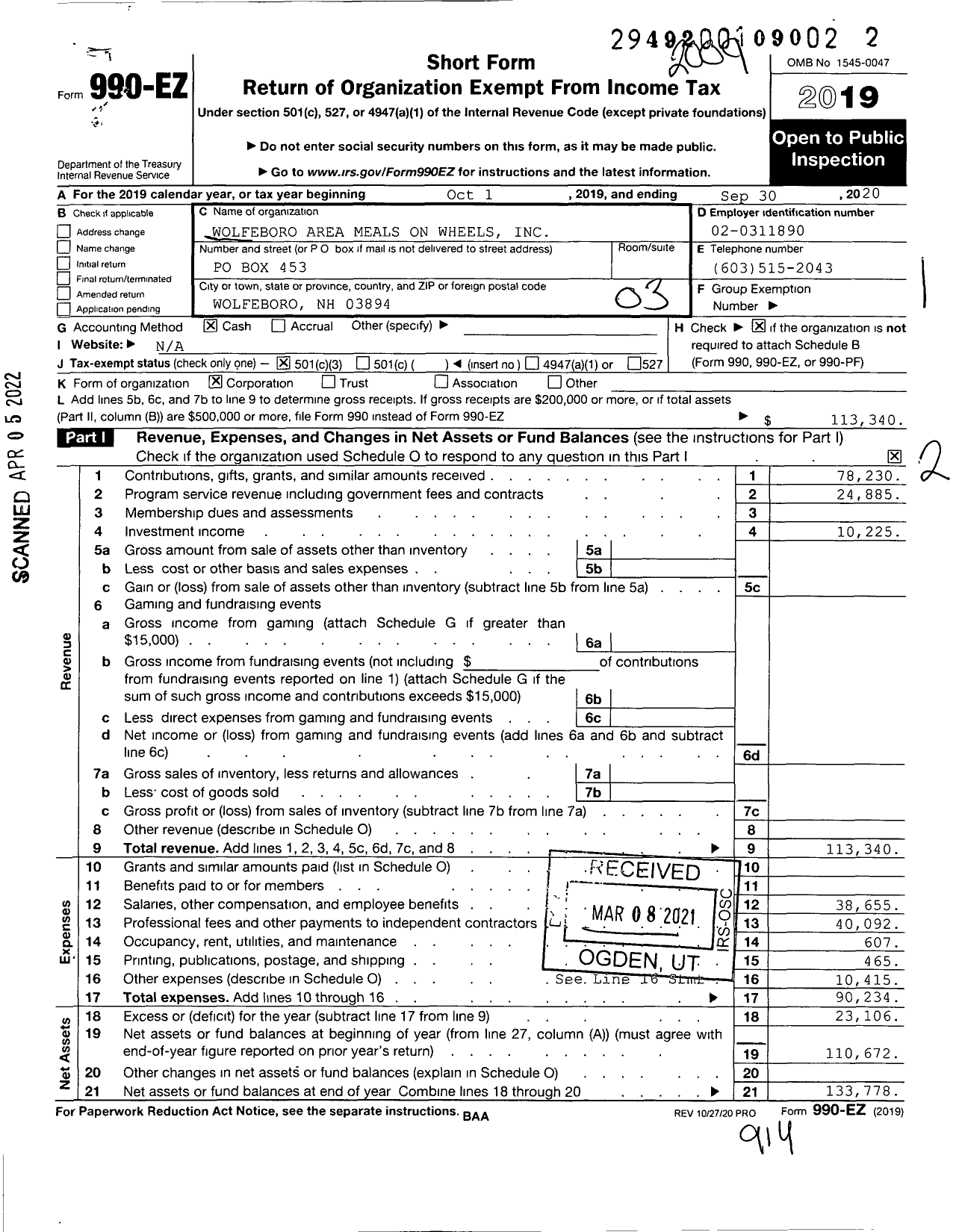 Image of first page of 2019 Form 990EZ for Wolfeboro Area Meals on Wheels