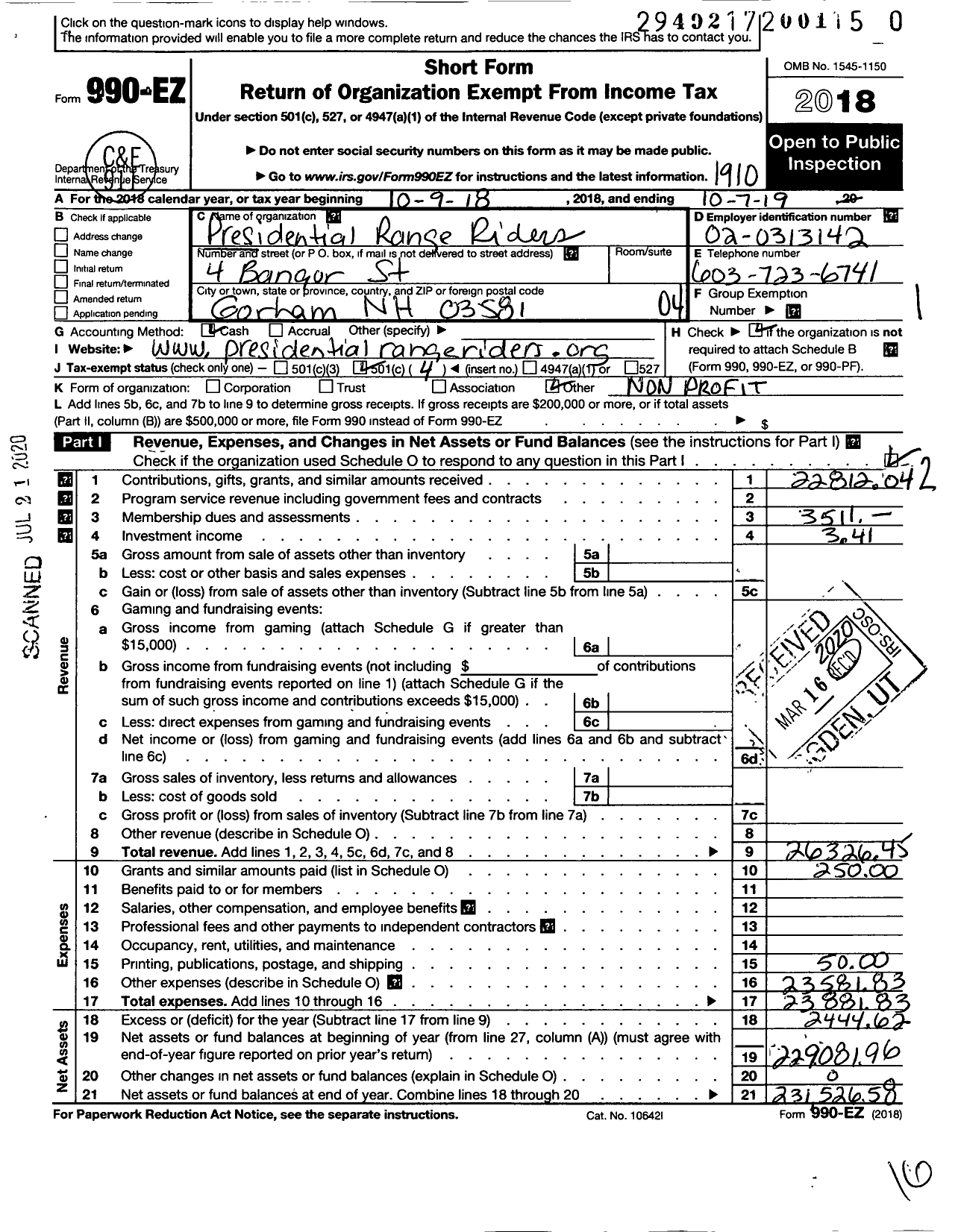 Image of first page of 2018 Form 990EO for Presidential Range Riders