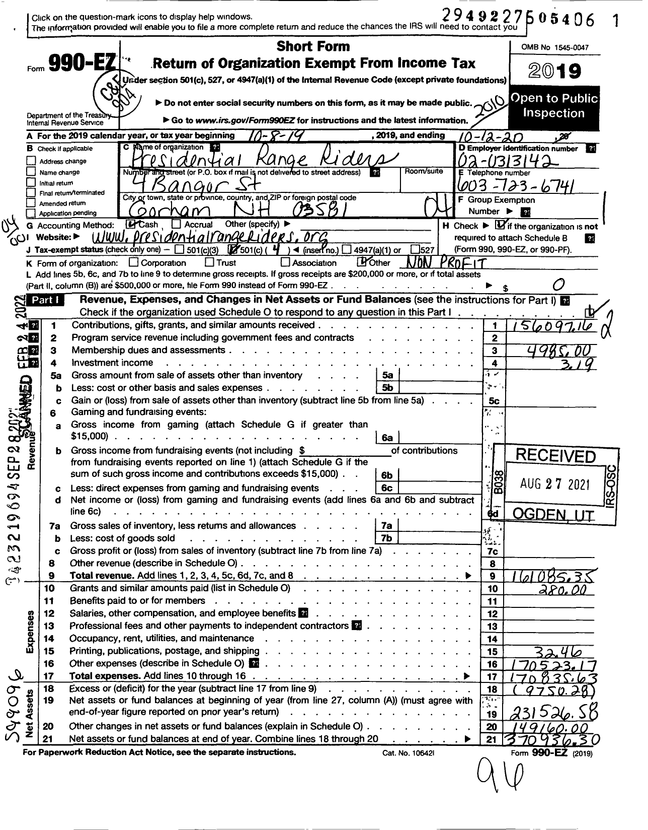 Image of first page of 2019 Form 990EO for Presidential Range Riders