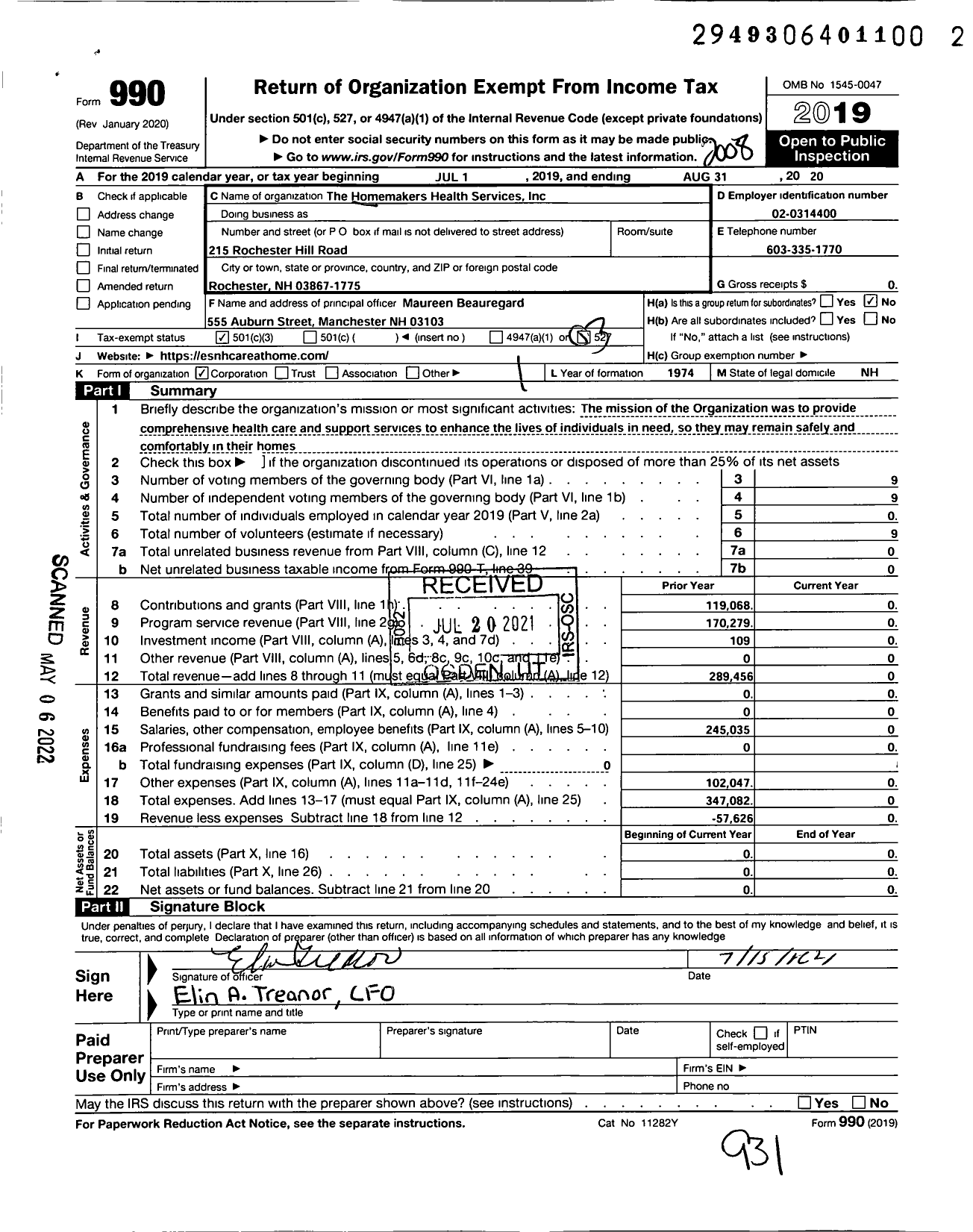 Image of first page of 2019 Form 990 for Homemakers Health Services