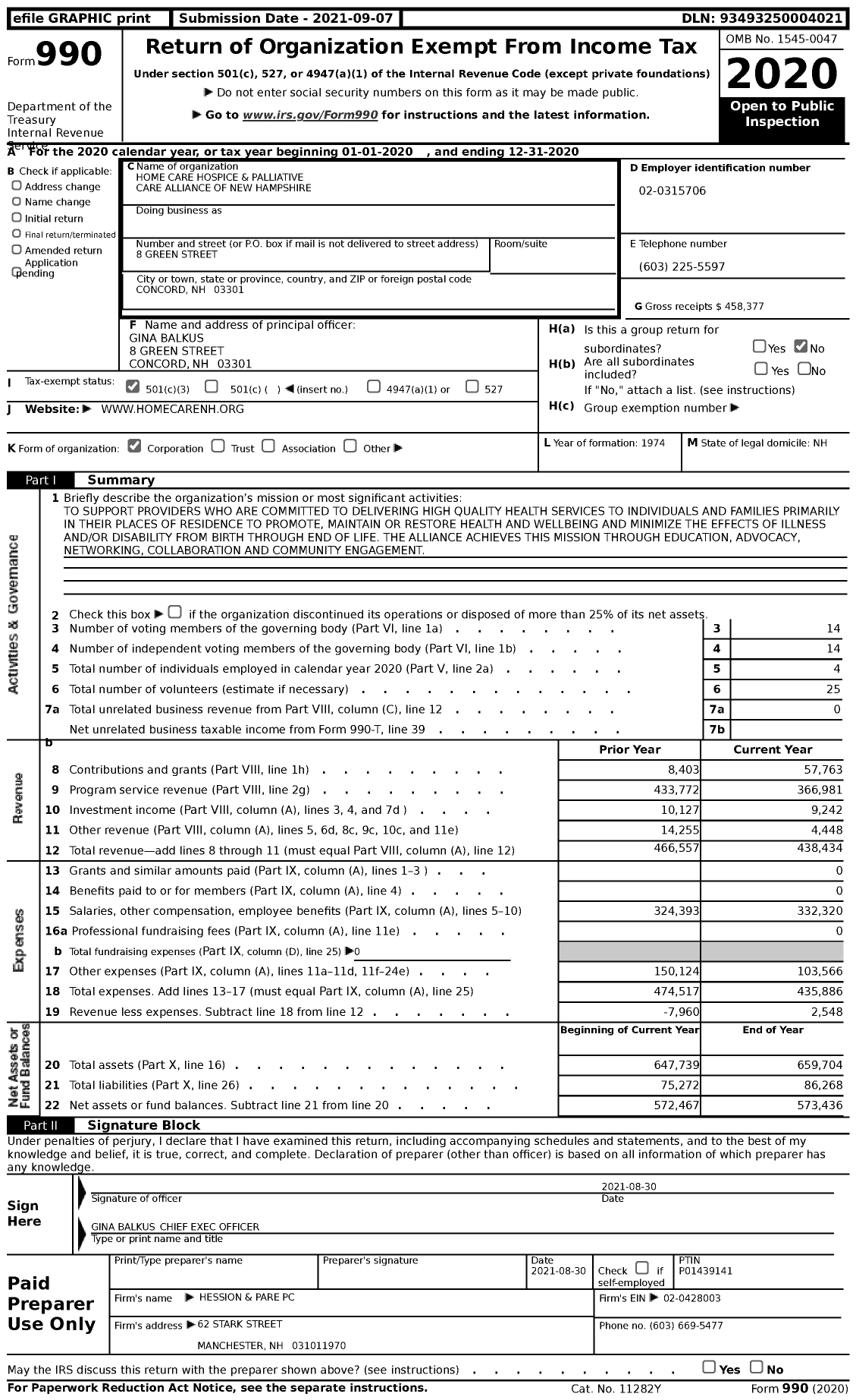 Image of first page of 2020 Form 990 for Home Care Hospice and Palliative Care Alliance of New Hampshire