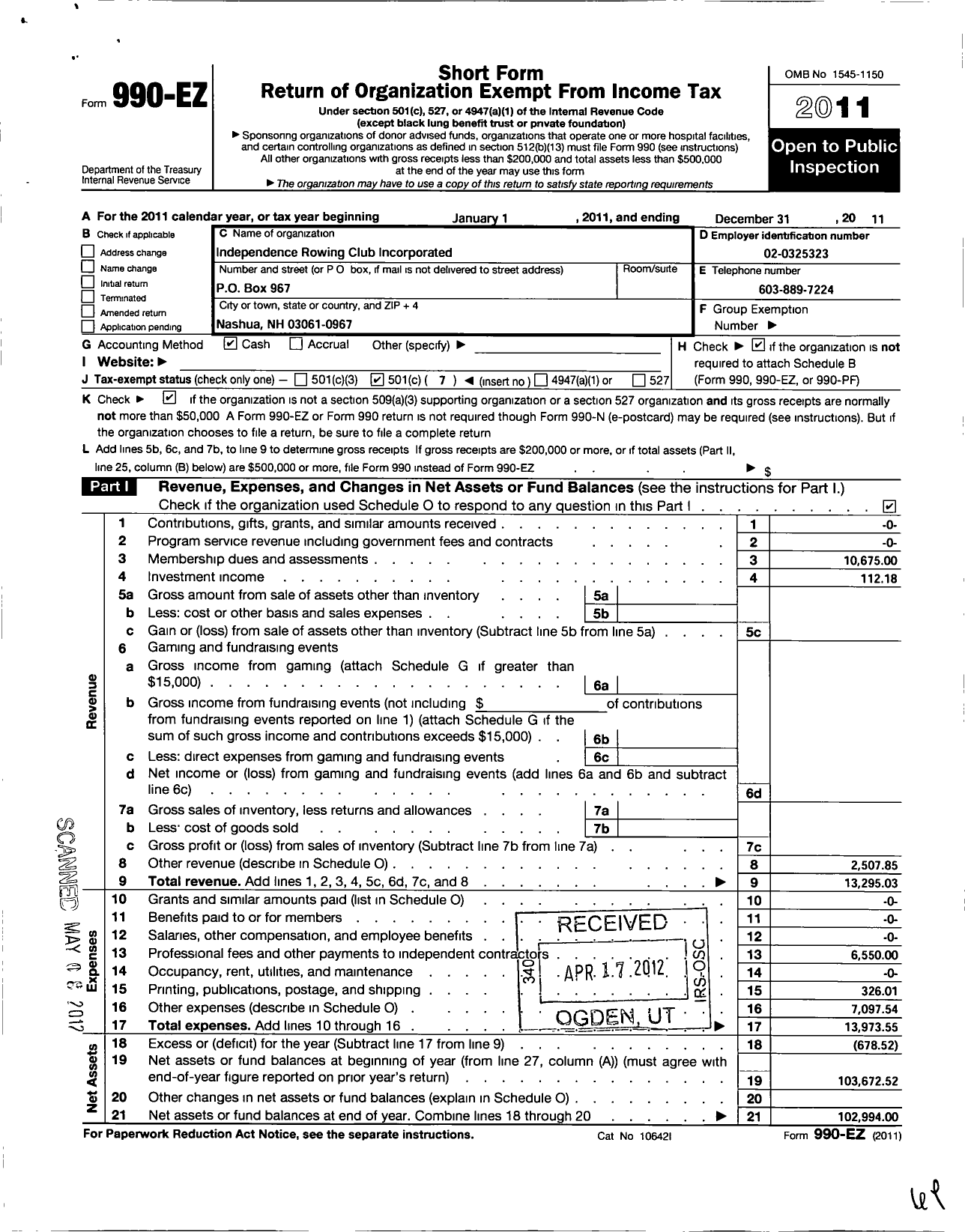 Image of first page of 2011 Form 990EO for Independence Rowing Club Incorporated