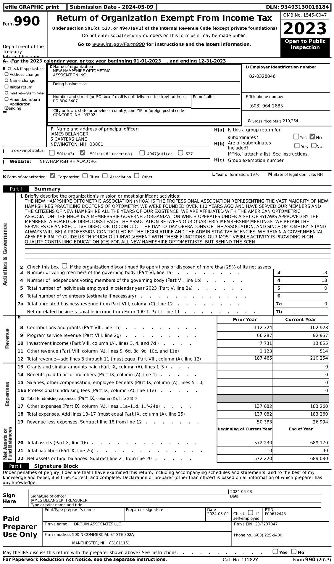 Image of first page of 2023 Form 990 for New Hampshire Optometric Association