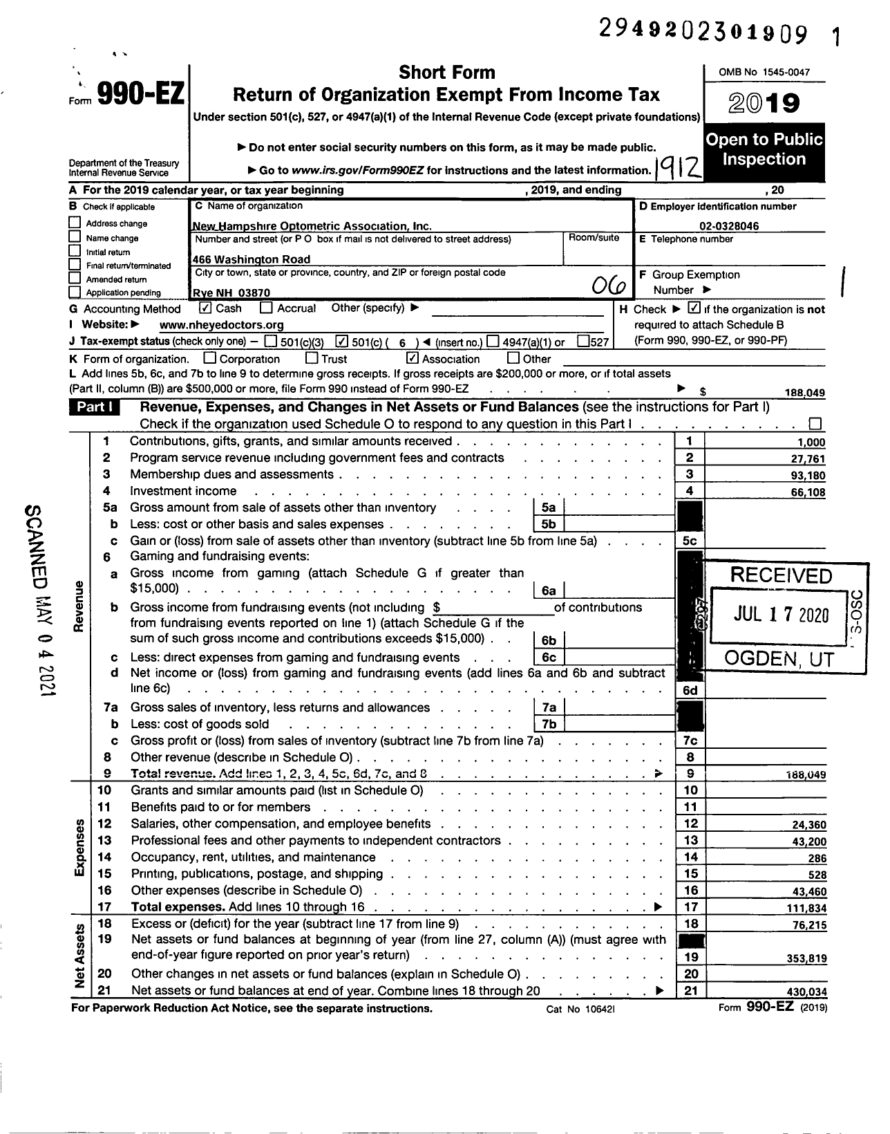 Image of first page of 2019 Form 990EO for New Hampshire Optometric Association