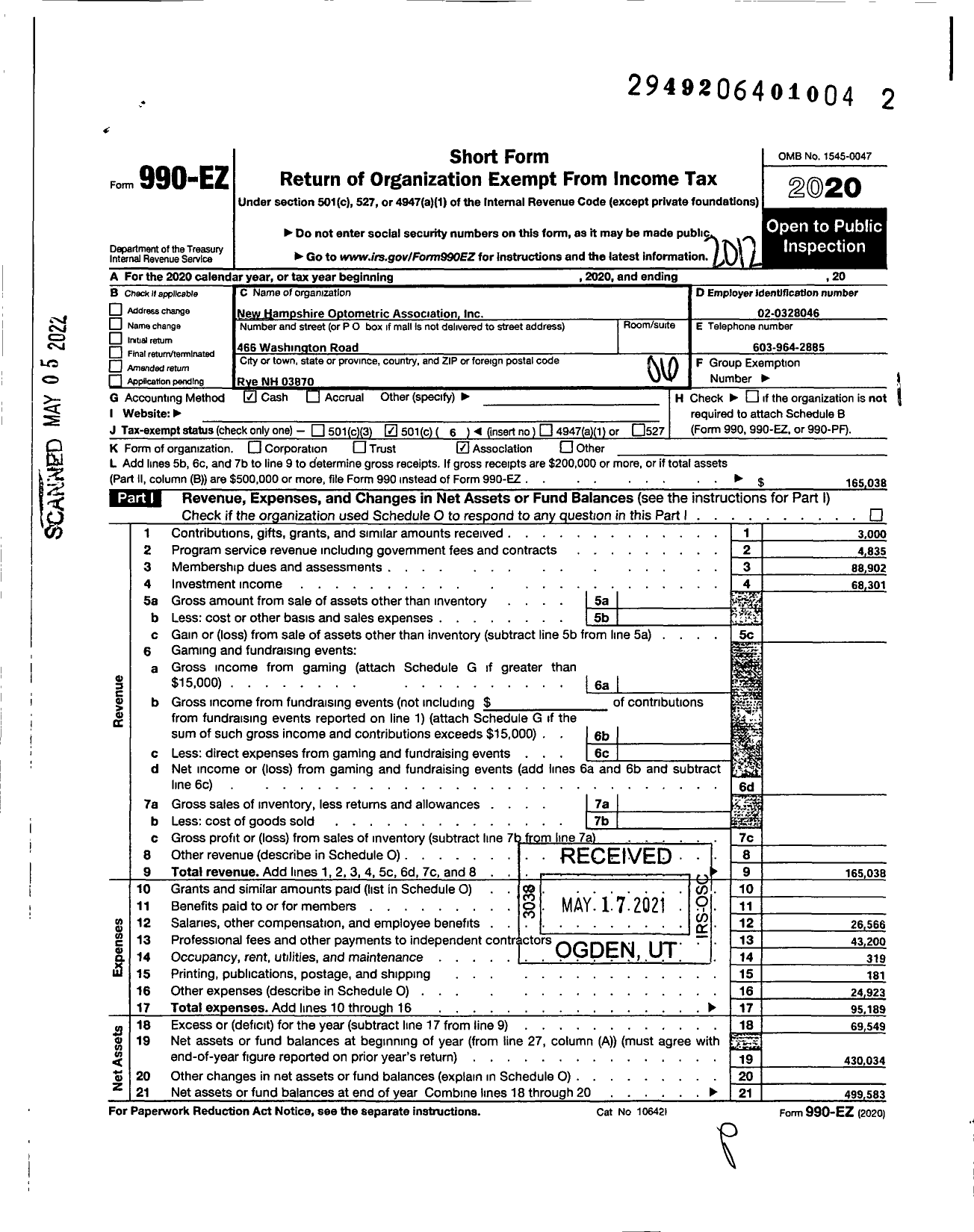 Image of first page of 2020 Form 990EO for New Hampshire Optometric Association