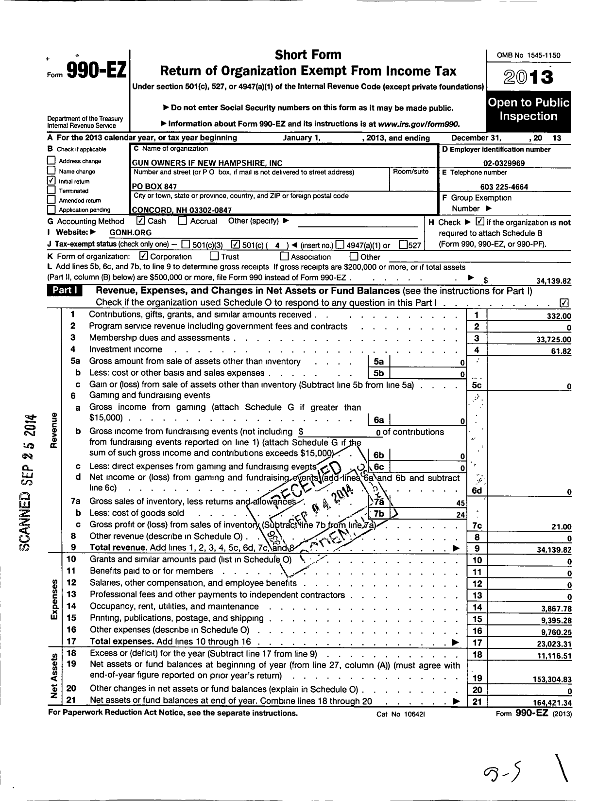 Image of first page of 2013 Form 990EO for Gun Owners of New Hampshire