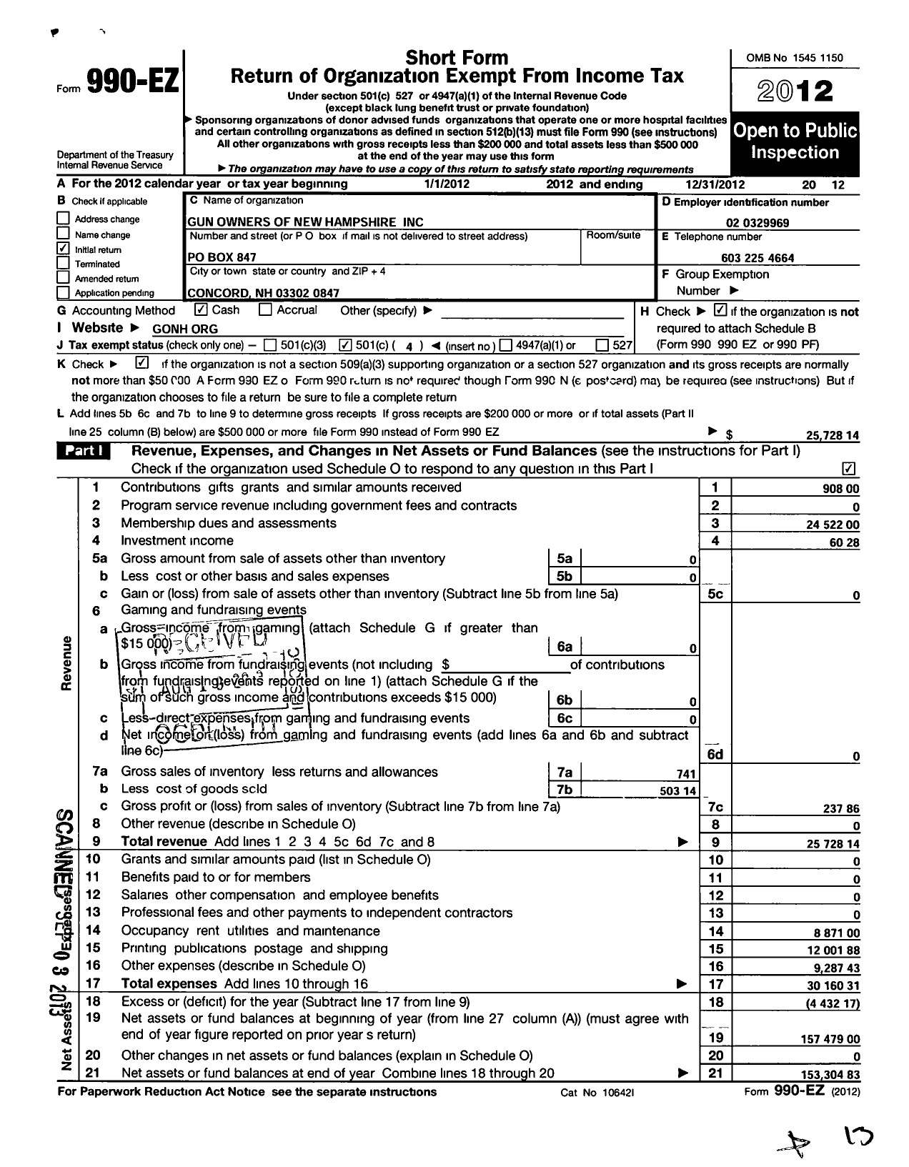 Image of first page of 2012 Form 990EO for Gun Owners of New Hampshire