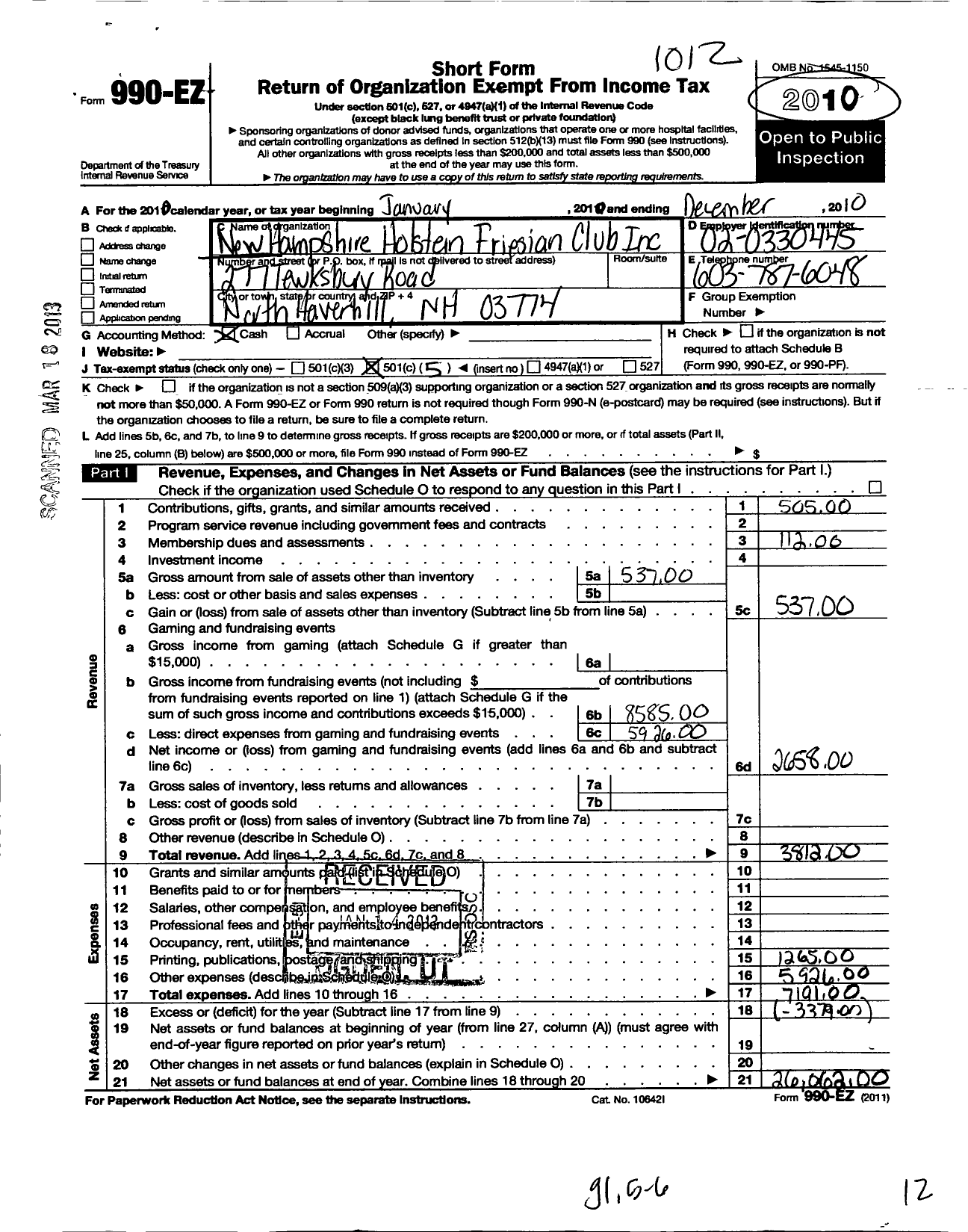 Image of first page of 2010 Form 990EO for New Hampshire Holstein Friesian Club