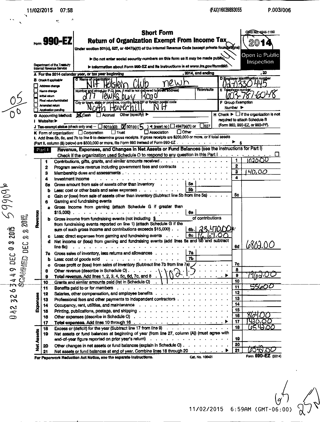 Image of first page of 2014 Form 990EO for New Hampshire Holstein Friesian Club