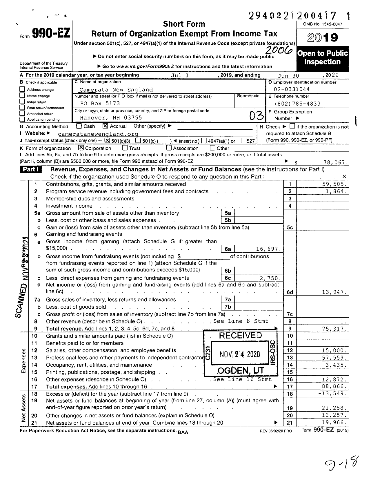 Image of first page of 2019 Form 990EZ for Camereta New England