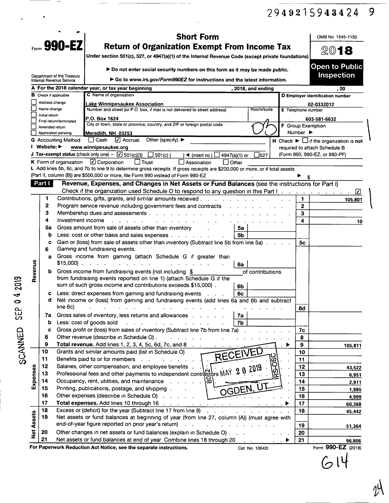 Image of first page of 2018 Form 990EZ for Lake Winnipesaukee Association