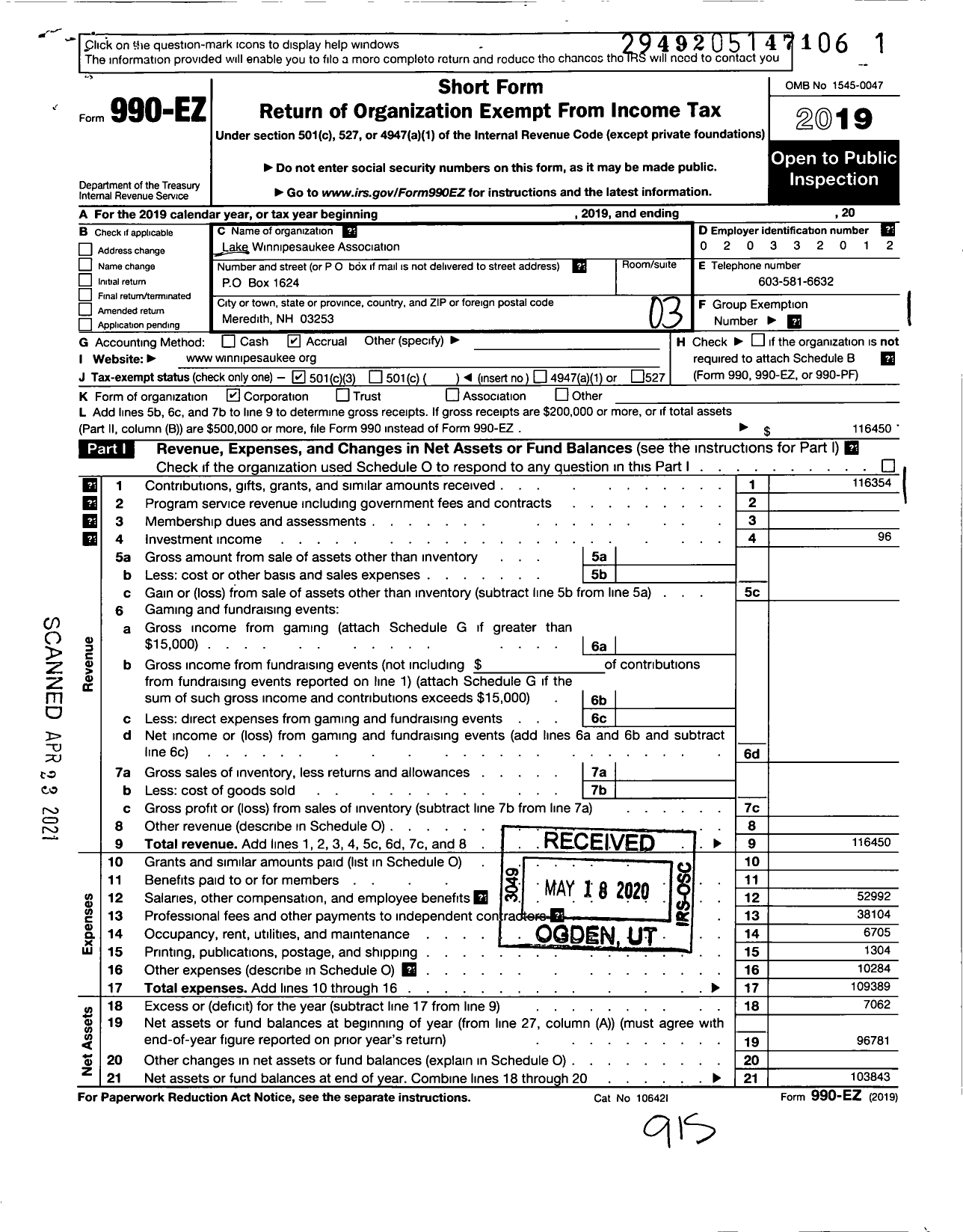 Image of first page of 2019 Form 990EZ for Lake Winnipesaukee Association