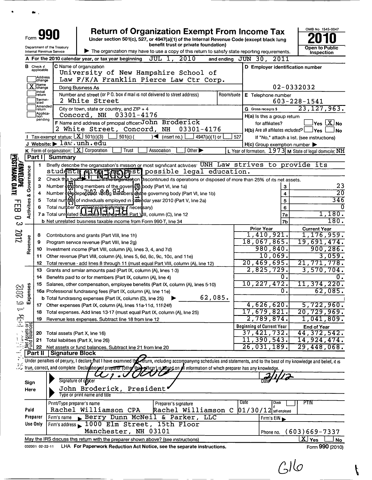 Image of first page of 2010 Form 990 for University of New Hampshire School of Law