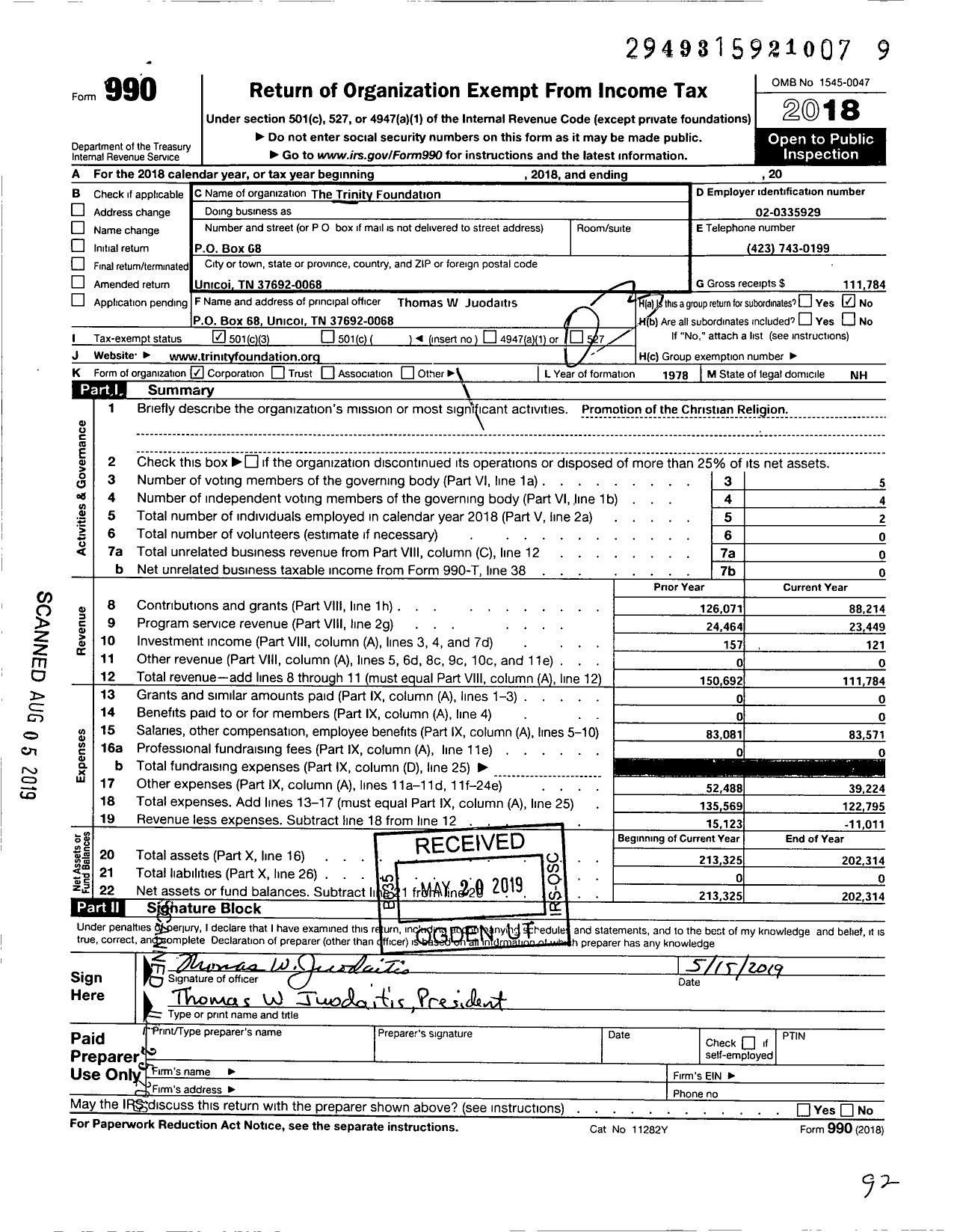 Image of first page of 2018 Form 990 for Trinity Foundation