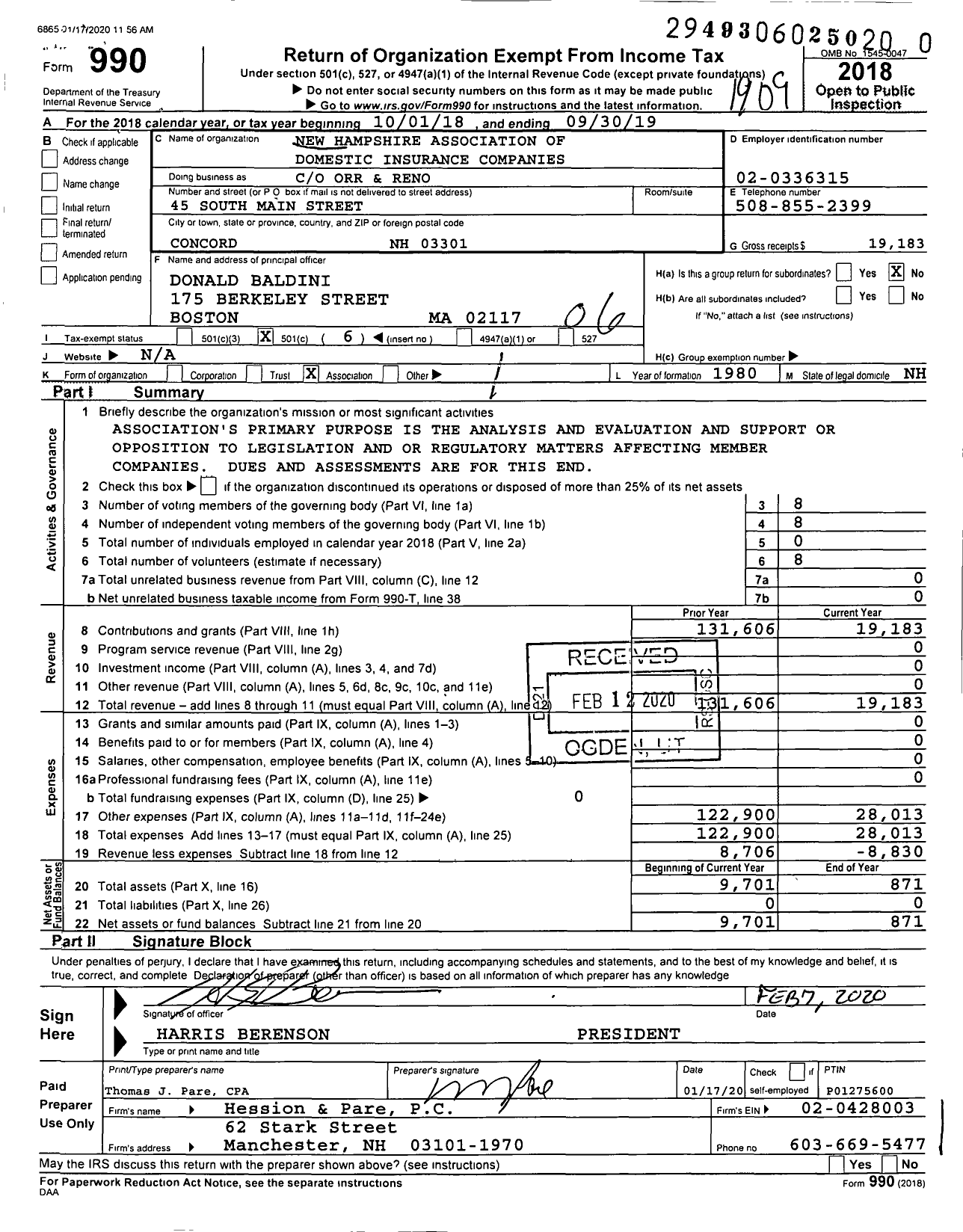 Image of first page of 2018 Form 990O for New Hampshire Association of Domestic Insurance Companies