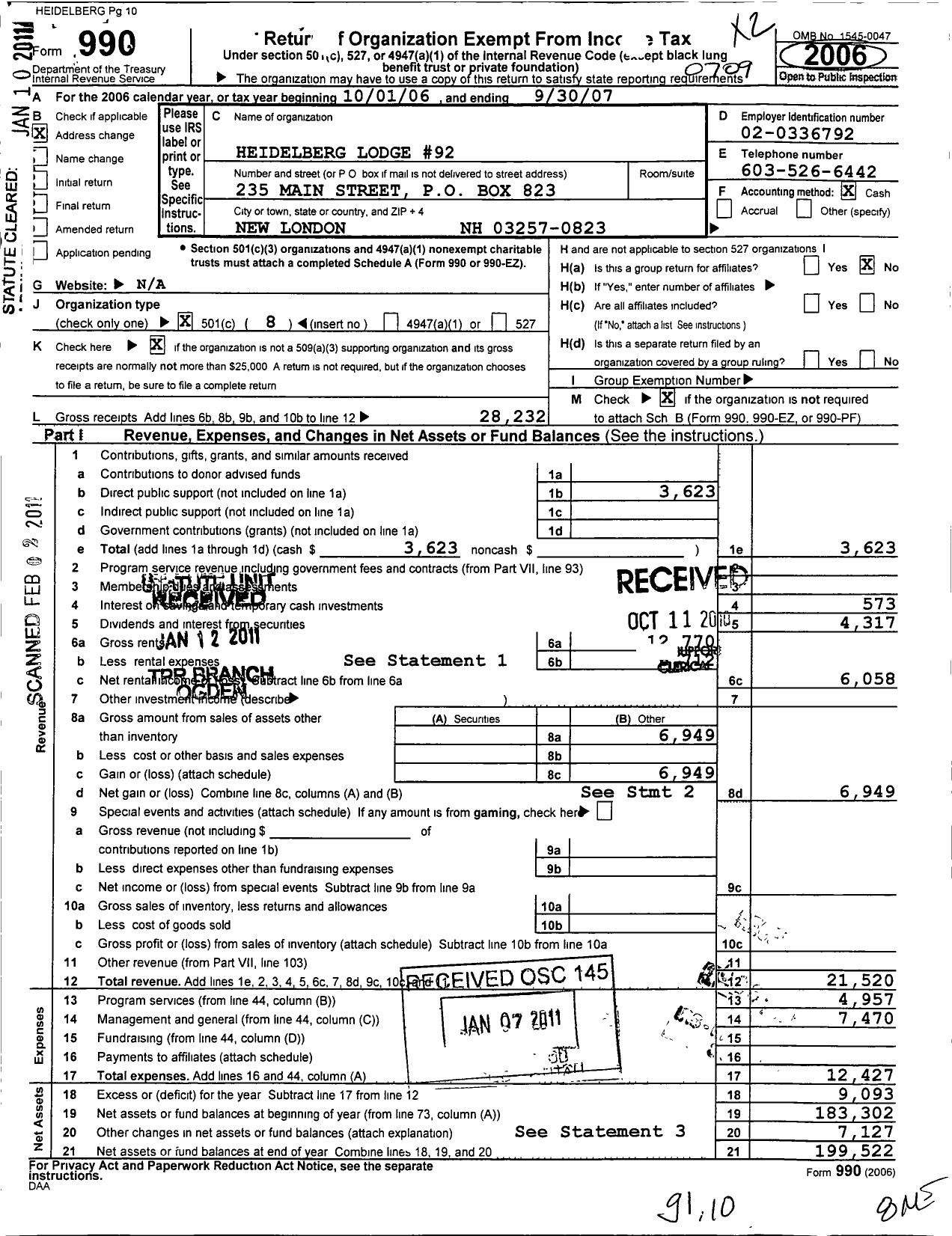 Image of first page of 2006 Form 990O for Independent Order of Odd Fellows - 92 Heidelberg Lodge