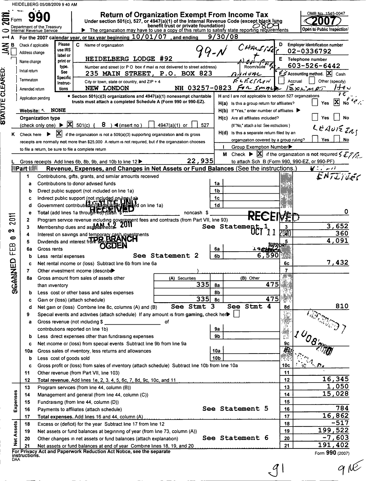 Image of first page of 2007 Form 990O for Independent Order of Odd Fellows - 92 Heidelberg Lodge