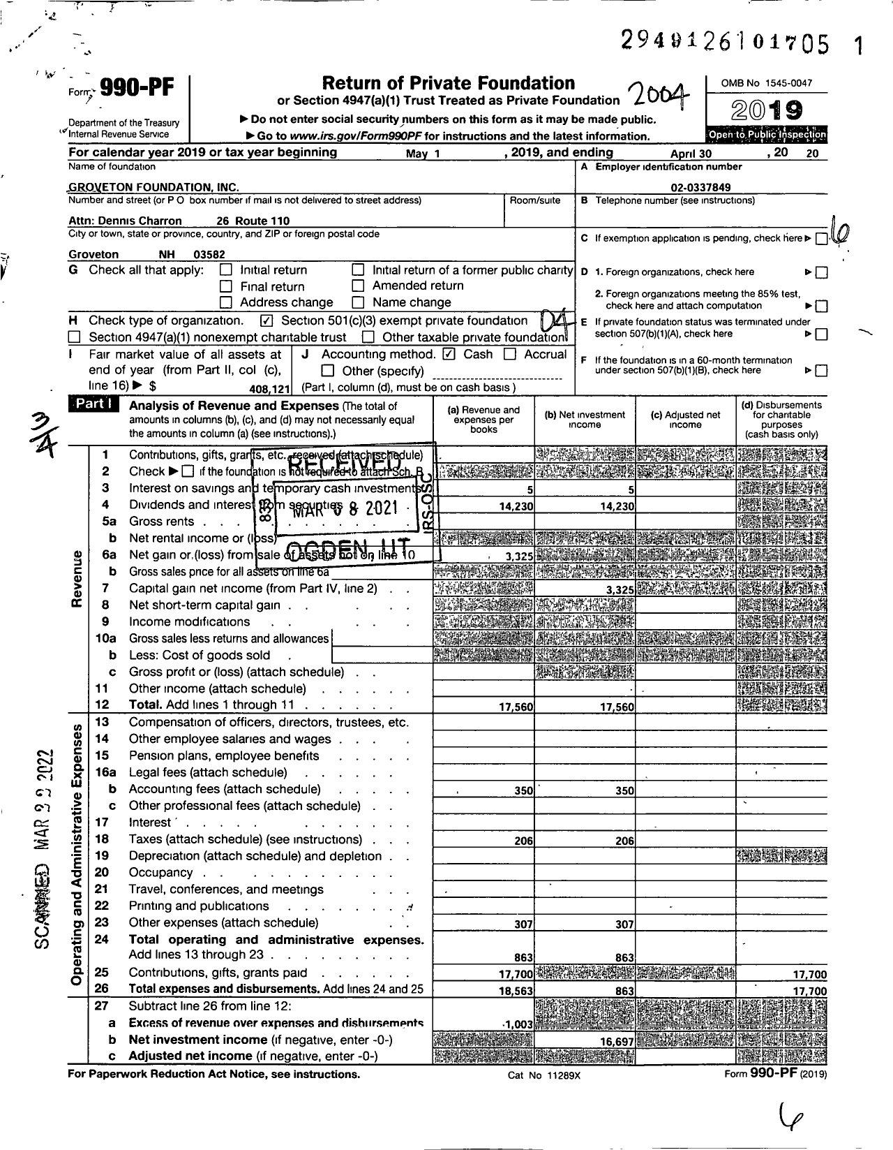 Image of first page of 2019 Form 990PF for The Groveton Foundation