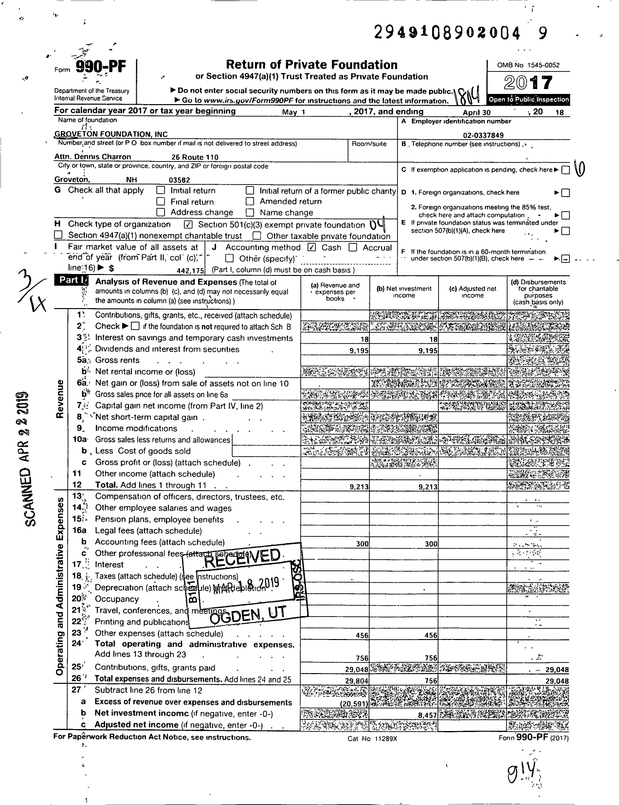 Image of first page of 2017 Form 990PF for The Groveton Foundation