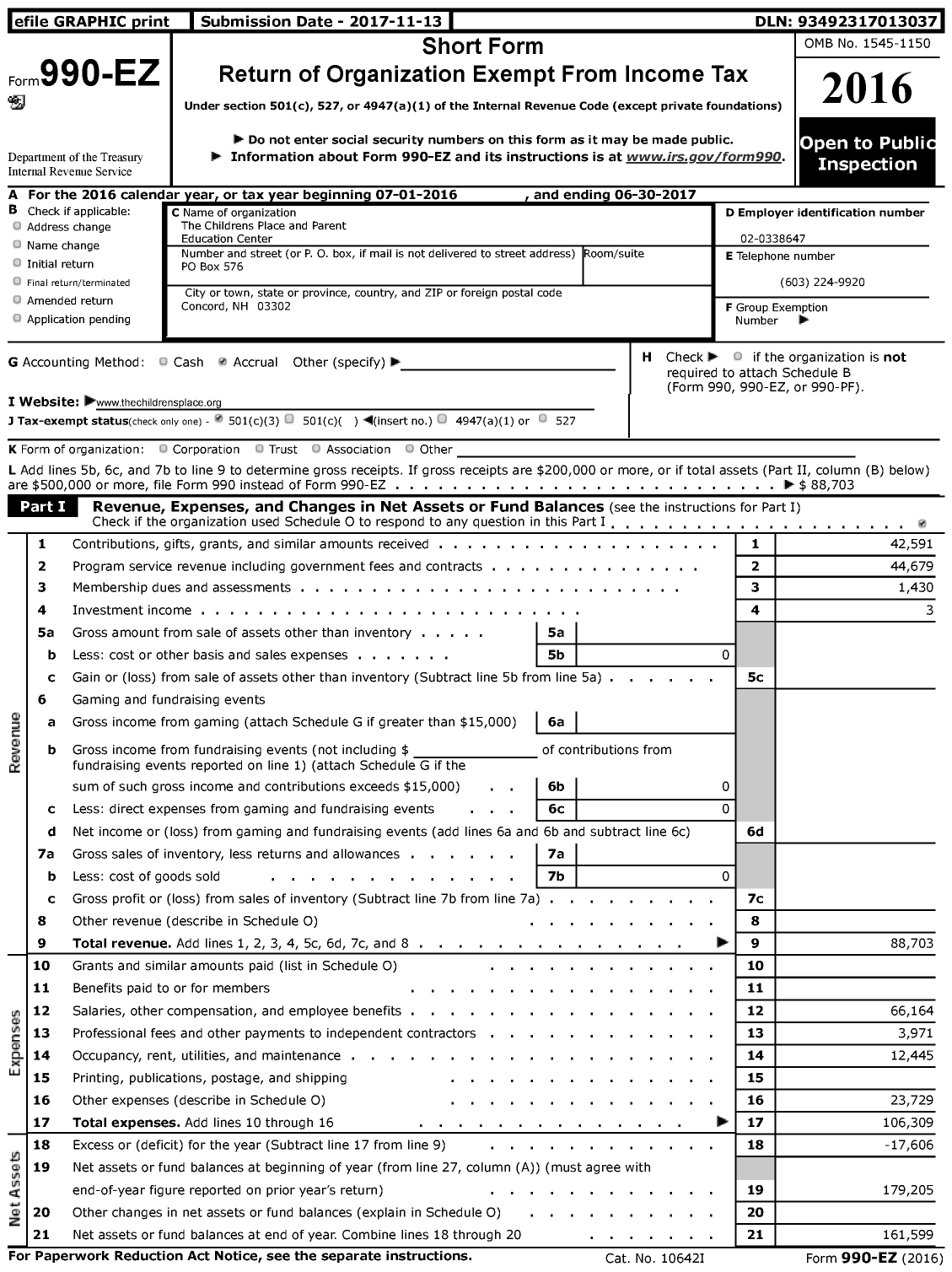 Image of first page of 2016 Form 990EZ for Children's Place and Parent Education Center