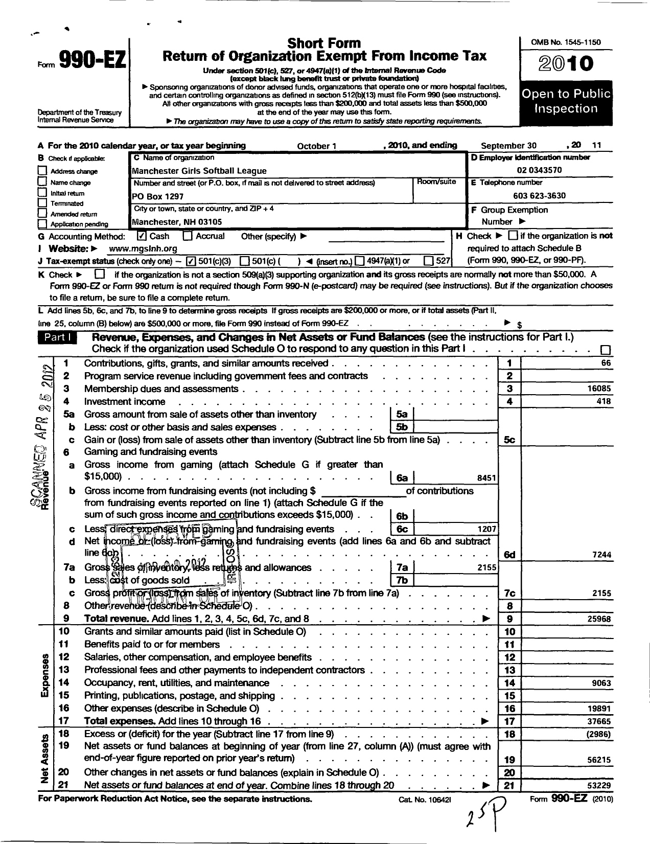 Image of first page of 2010 Form 990EZ for Manchester Girls Softball League