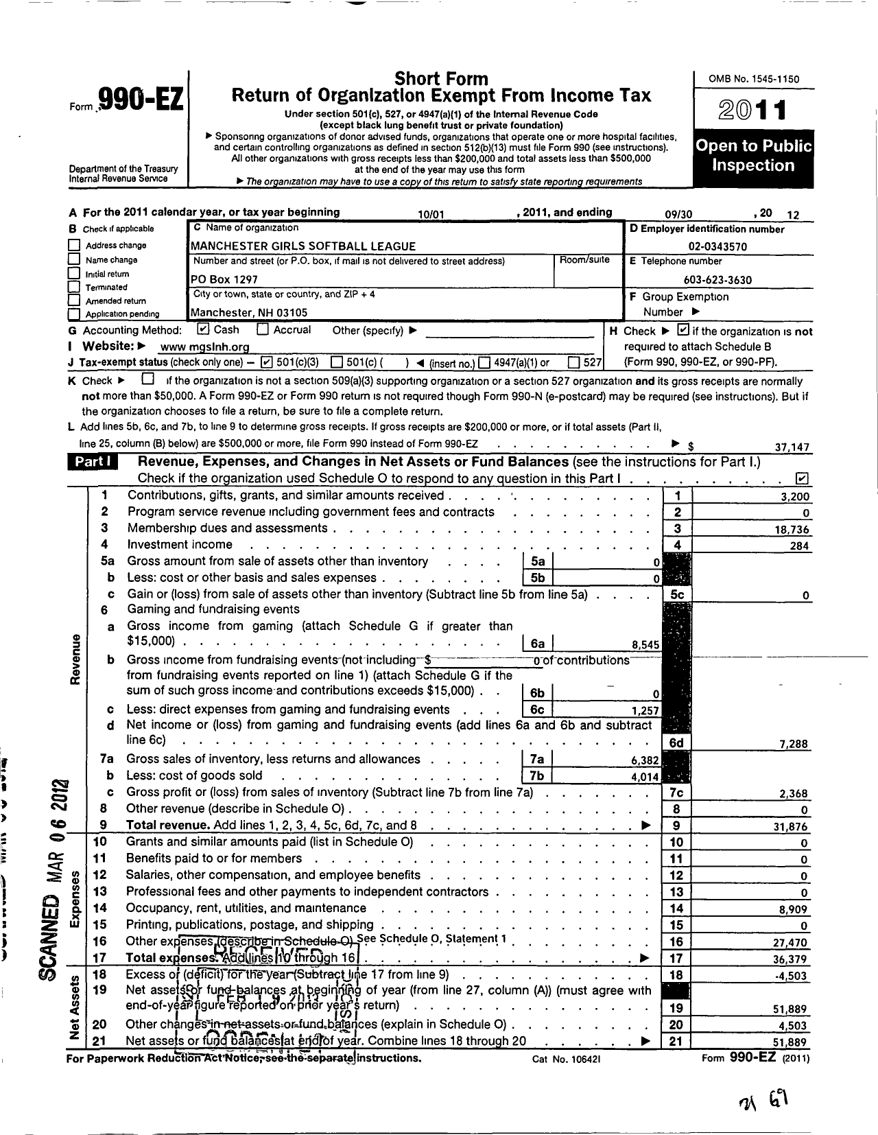 Image of first page of 2011 Form 990EZ for Manchester Girls Softball League