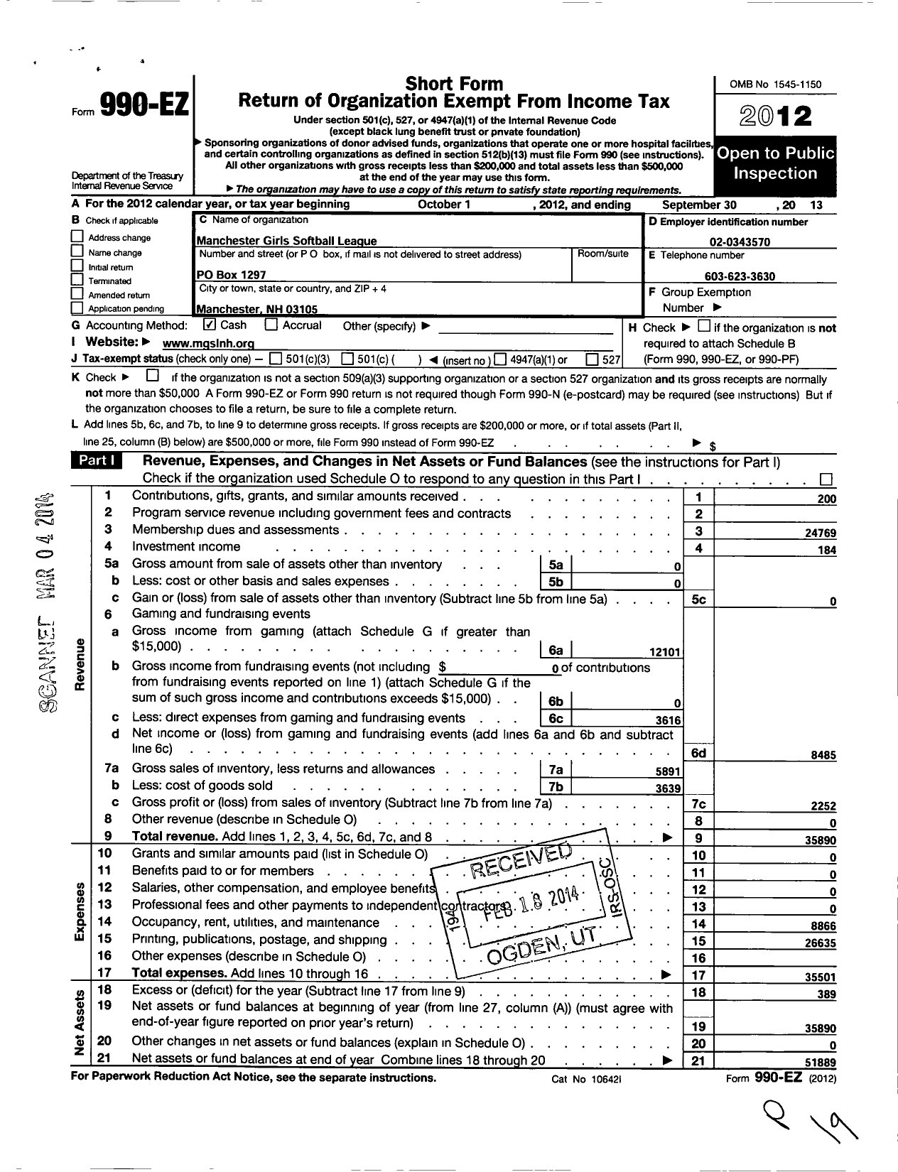 Image of first page of 2012 Form 990EO for Manchester Girls Softball League