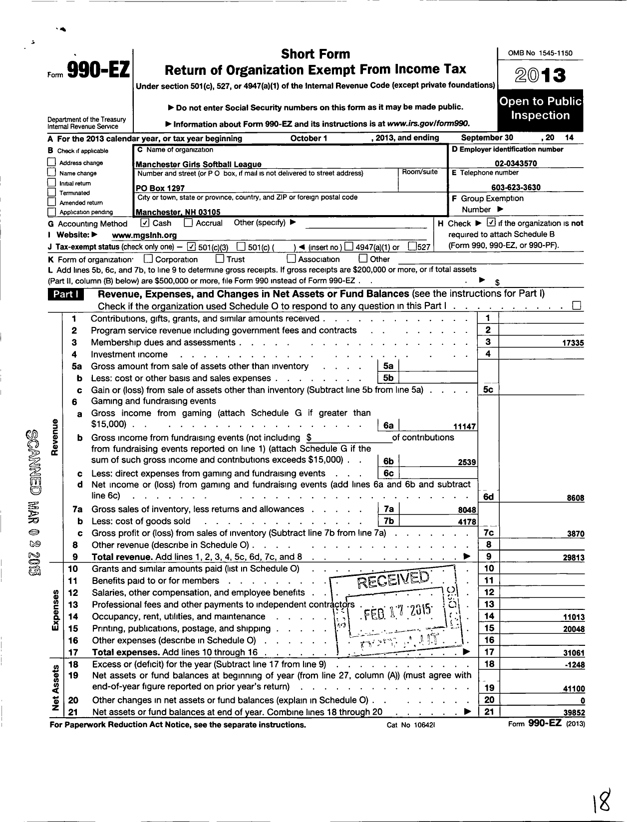 Image of first page of 2013 Form 990EZ for Manchester Girls Softball League