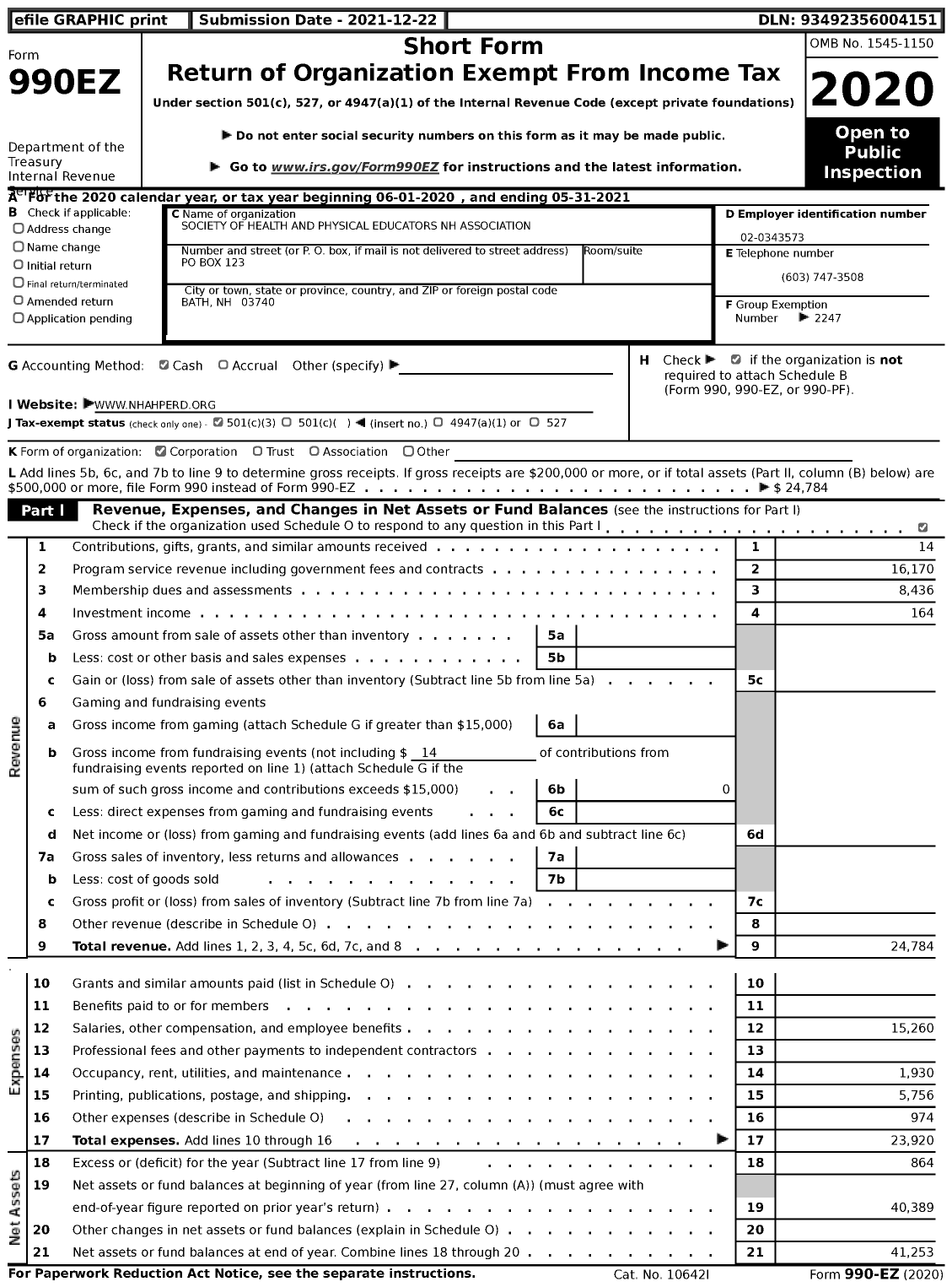 Image of first page of 2020 Form 990EZ for Society of Health and Physical Educators NH Association