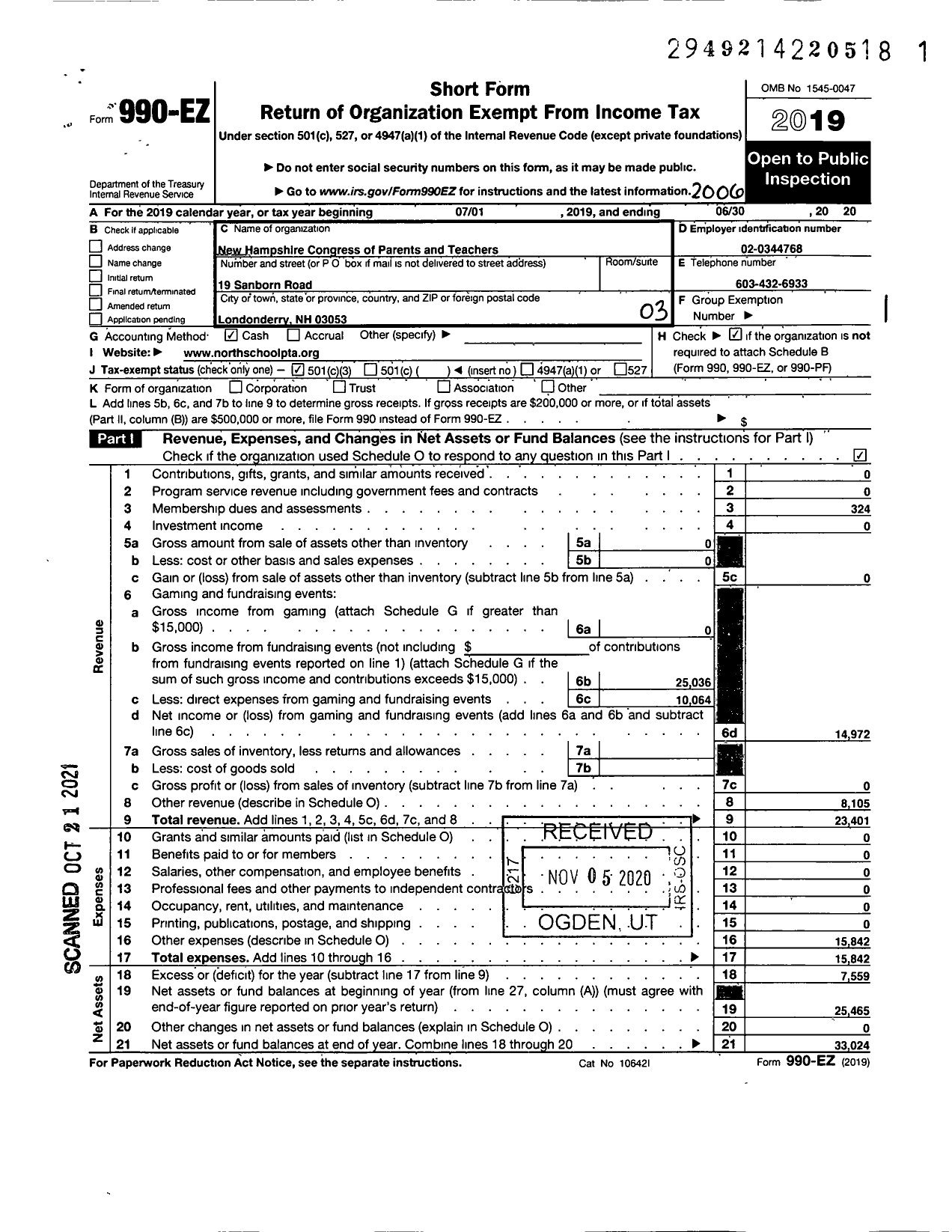 Image of first page of 2019 Form 990EZ for New Hampshire Congress of Parents and Teachers / North Londonderry School PTA