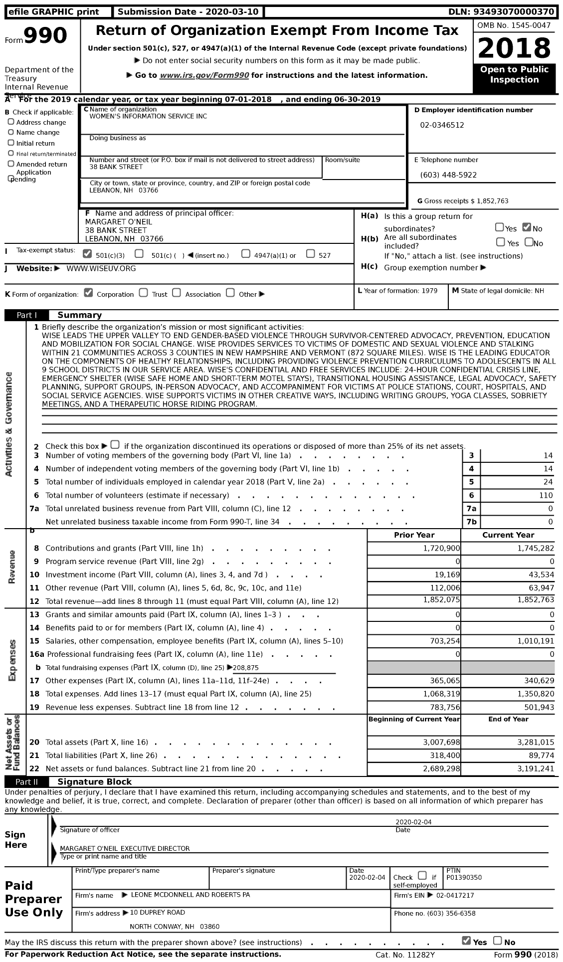 Image of first page of 2018 Form 990 for Women's Information Service