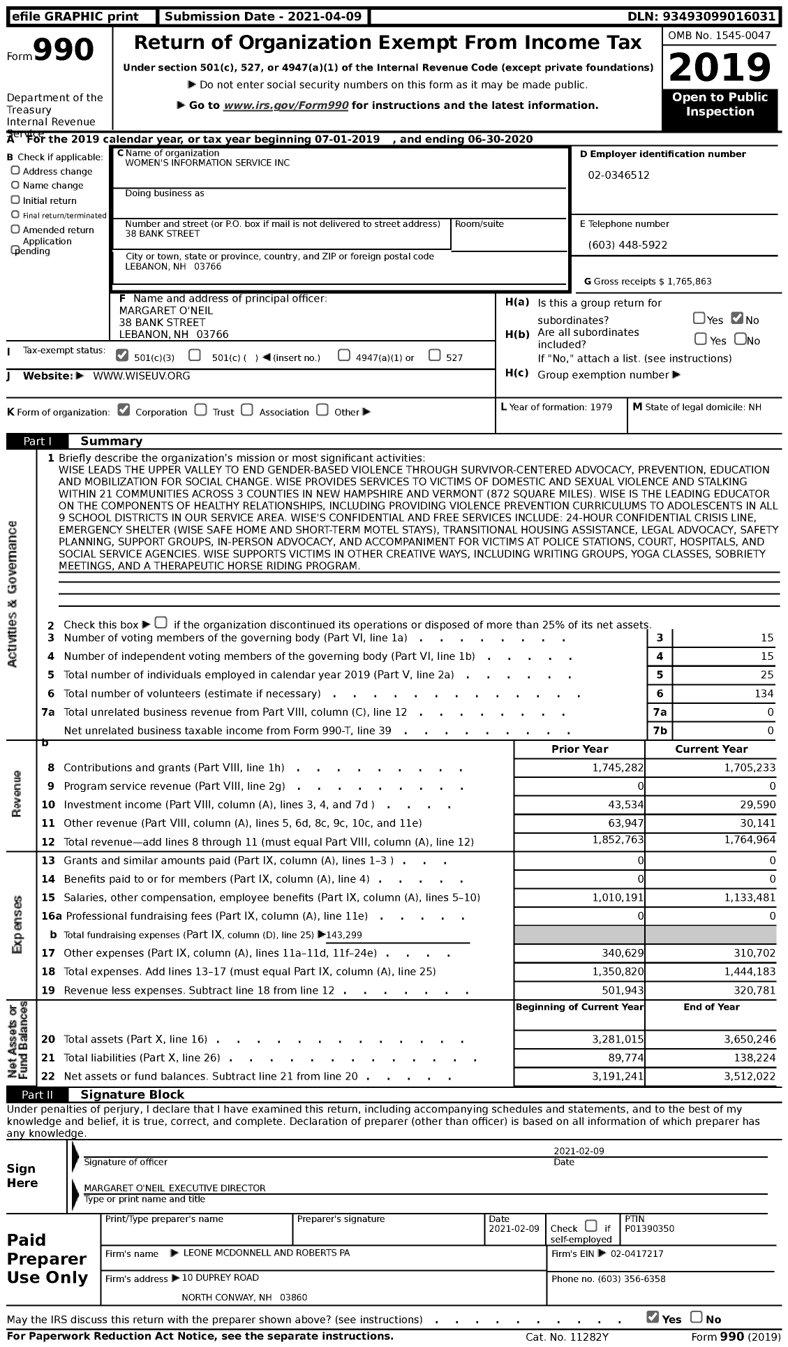 Image of first page of 2019 Form 990 for Women's Information Service