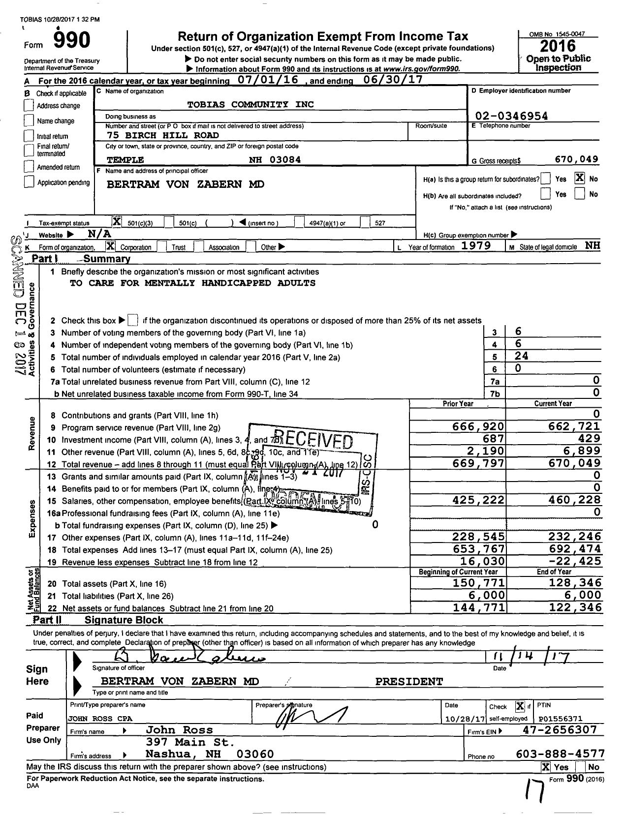 Image of first page of 2016 Form 990 for Tobias Community