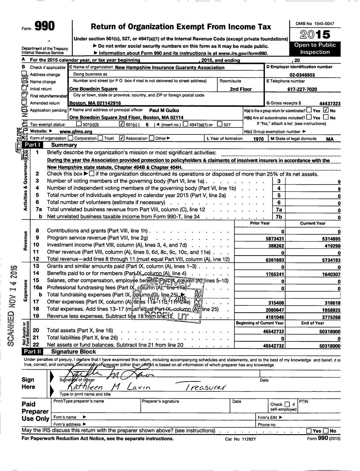 Image of first page of 2015 Form 990O for New Hampshire Insurance Guaranty Association (GFMS)