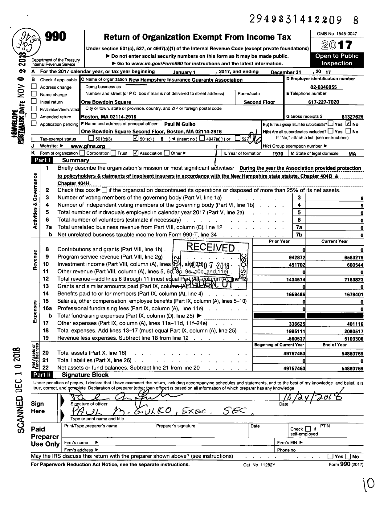 Image of first page of 2017 Form 990O for New Hampshire Insurance Guaranty Association (GFMS)