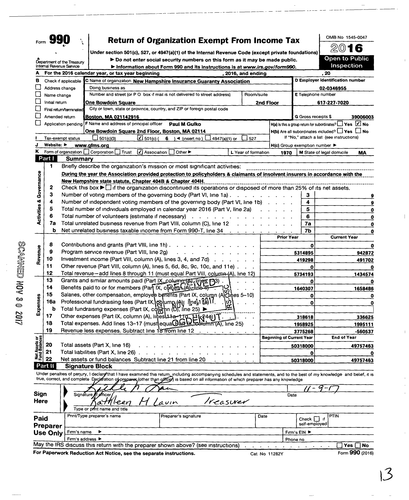 Image of first page of 2016 Form 990O for New Hampshire Insurance Guaranty Association (GFMS)