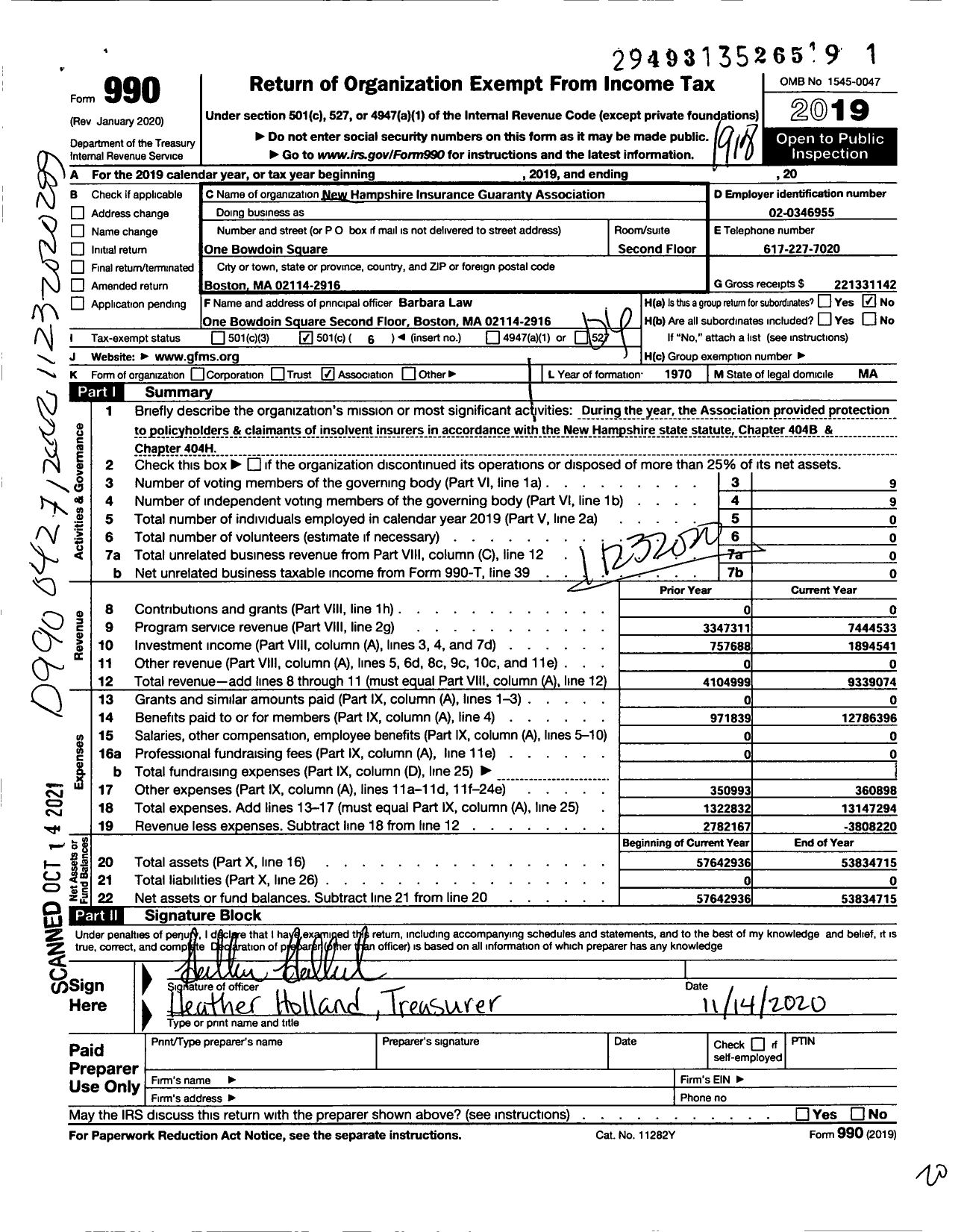 Image of first page of 2019 Form 990O for New Hampshire Insurance Guaranty Association (GFMS)