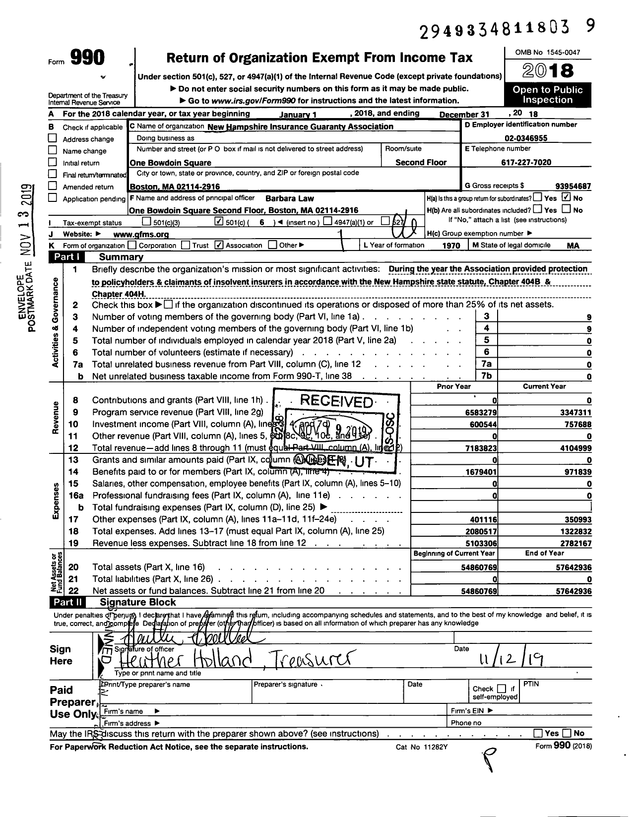 Image of first page of 2018 Form 990O for New Hampshire Insurance Guaranty Association (GFMS)