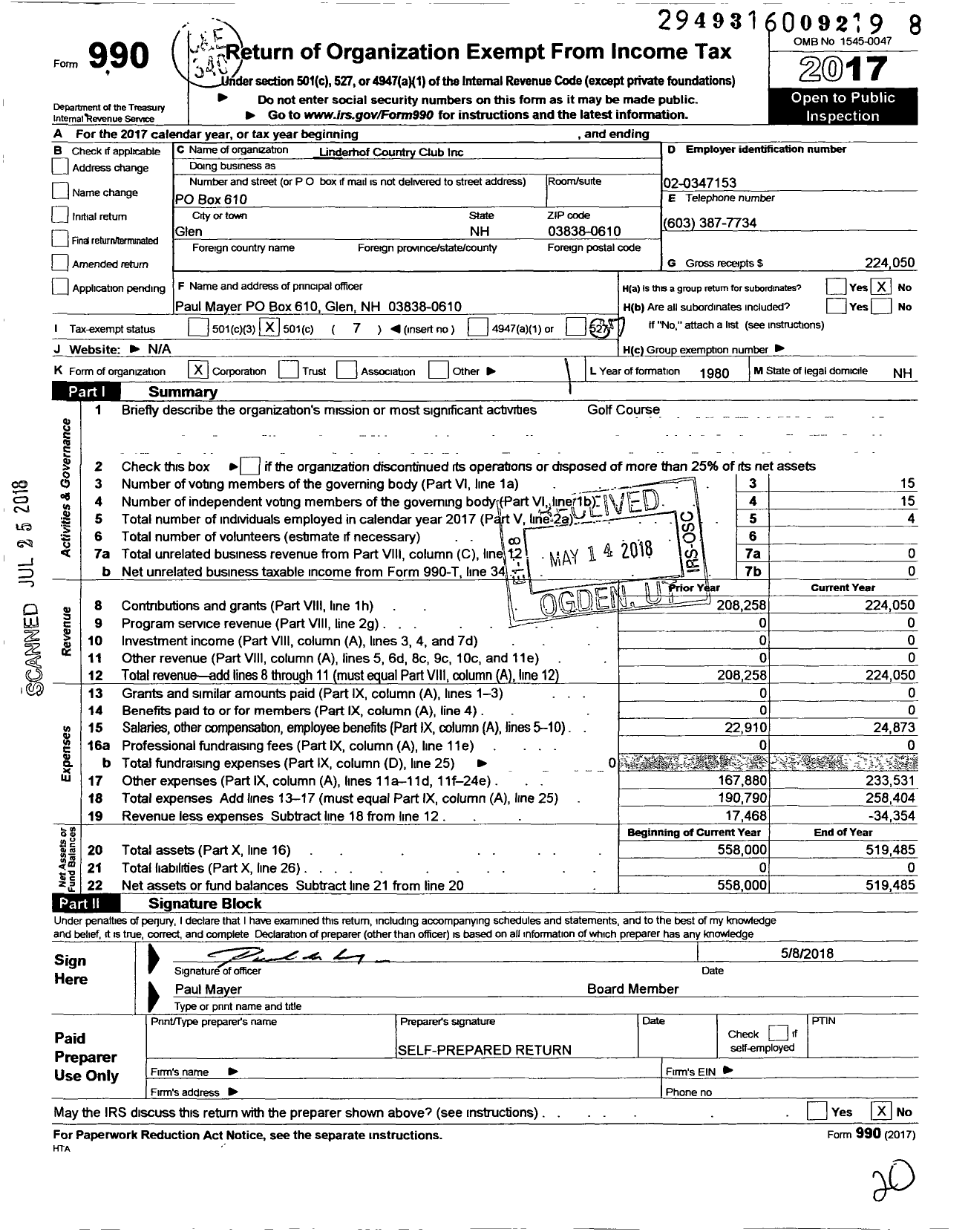 Image of first page of 2017 Form 990O for Linderhof Country Club